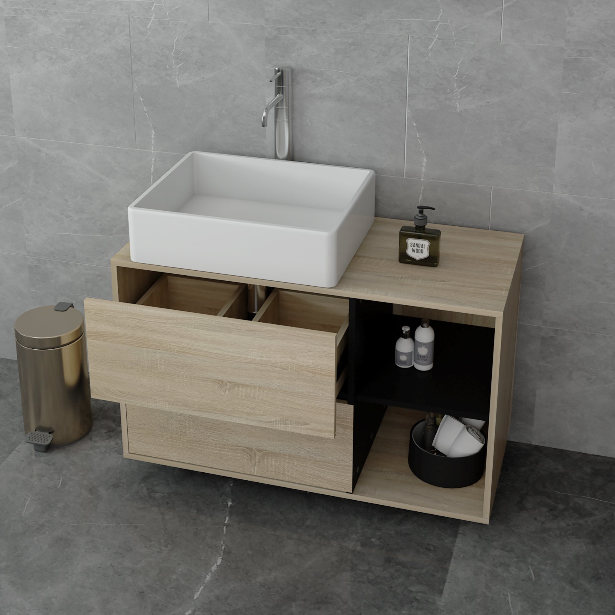 Waschtisch aus Holz mit Schubladen und offener Ablage.