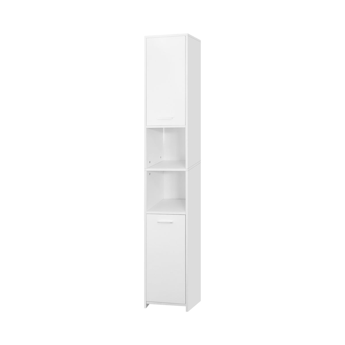 Hoher, schmaler weißer Schrank mit offenen Fächern und einer Tür.