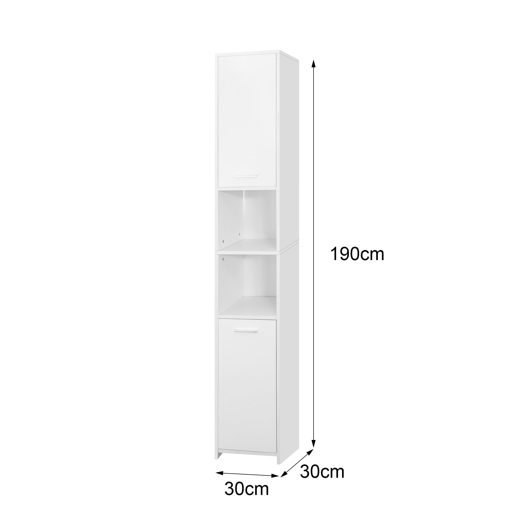Schmaler, hoher, weißer Schrank mit drei Fächern und zwei Türen, Maße: 190cm x 30cm x 30cm.