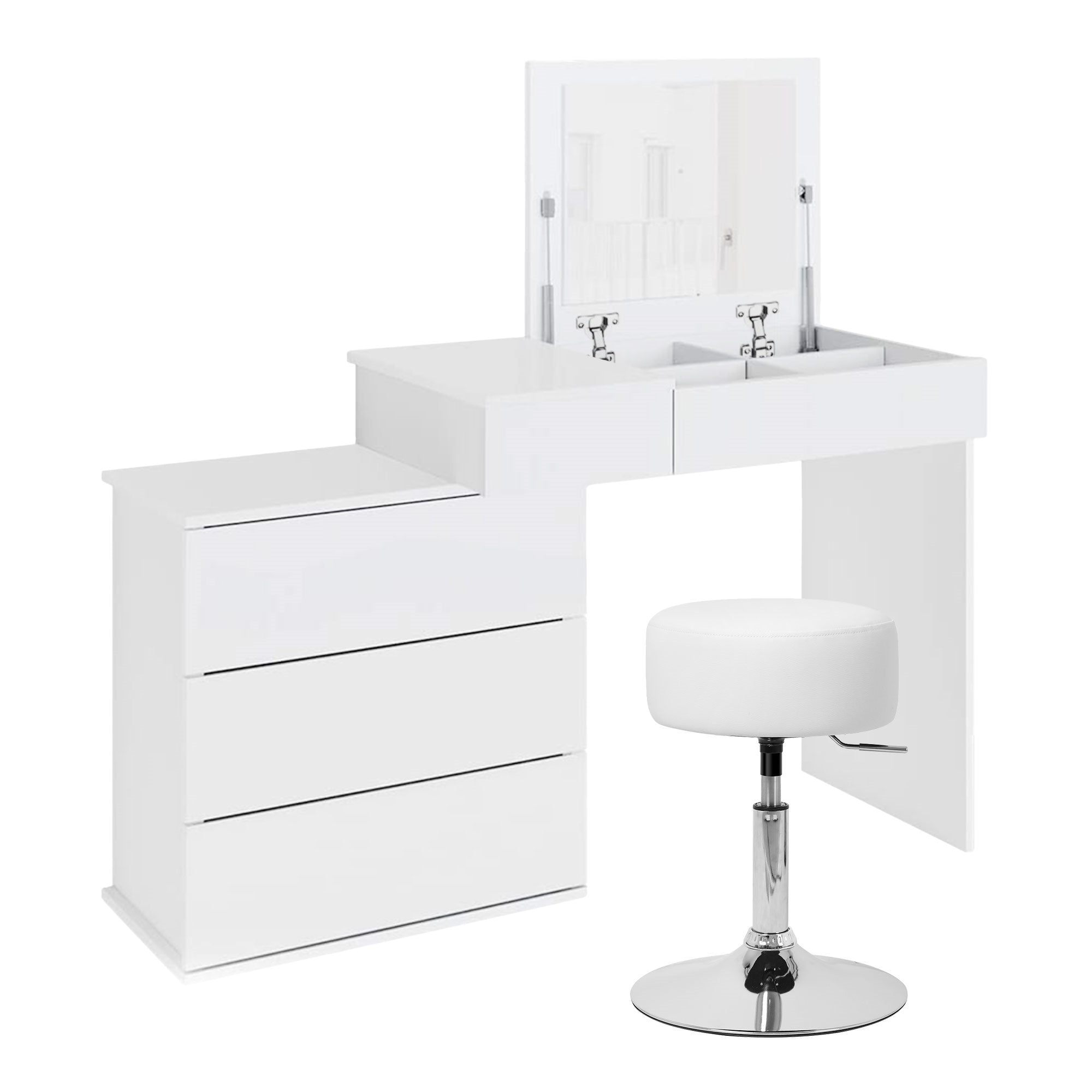 Coiffeuse avec deux lavabos et un tabouret.