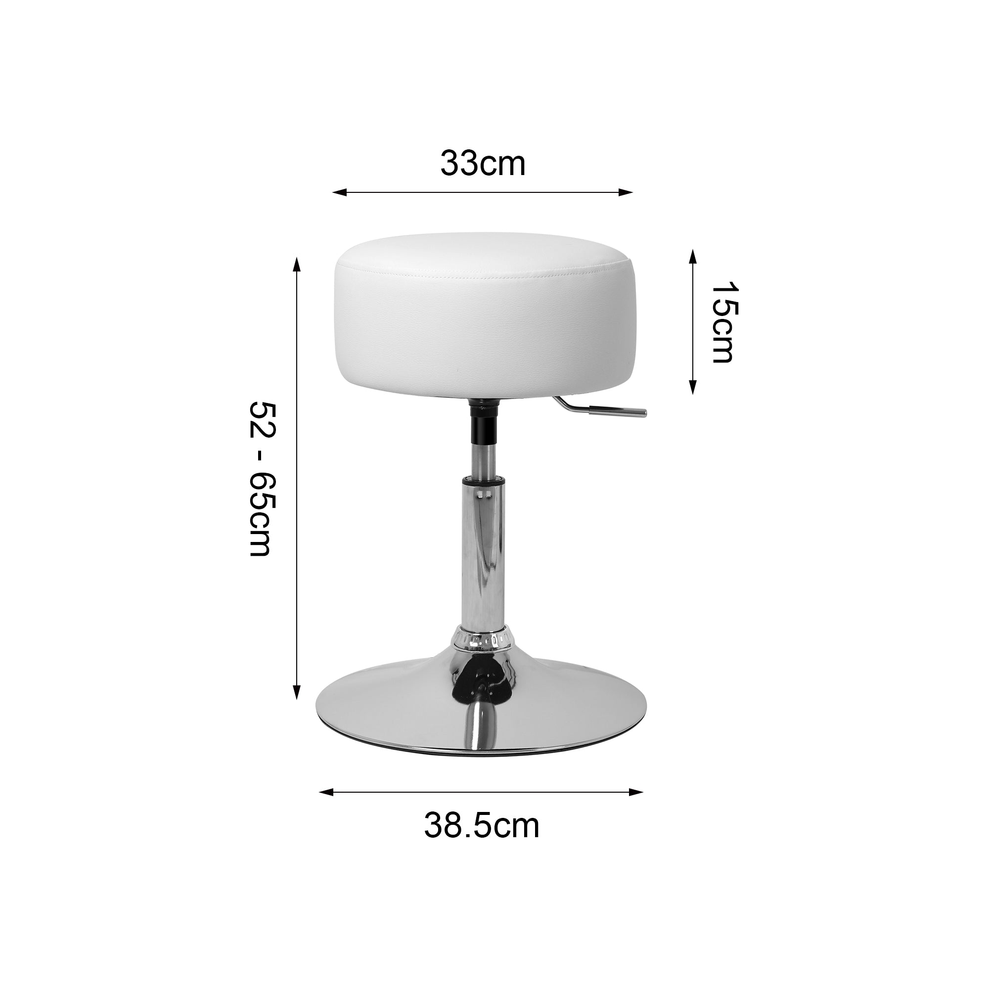 Dimension drawing of a white bar stool with height specifications.