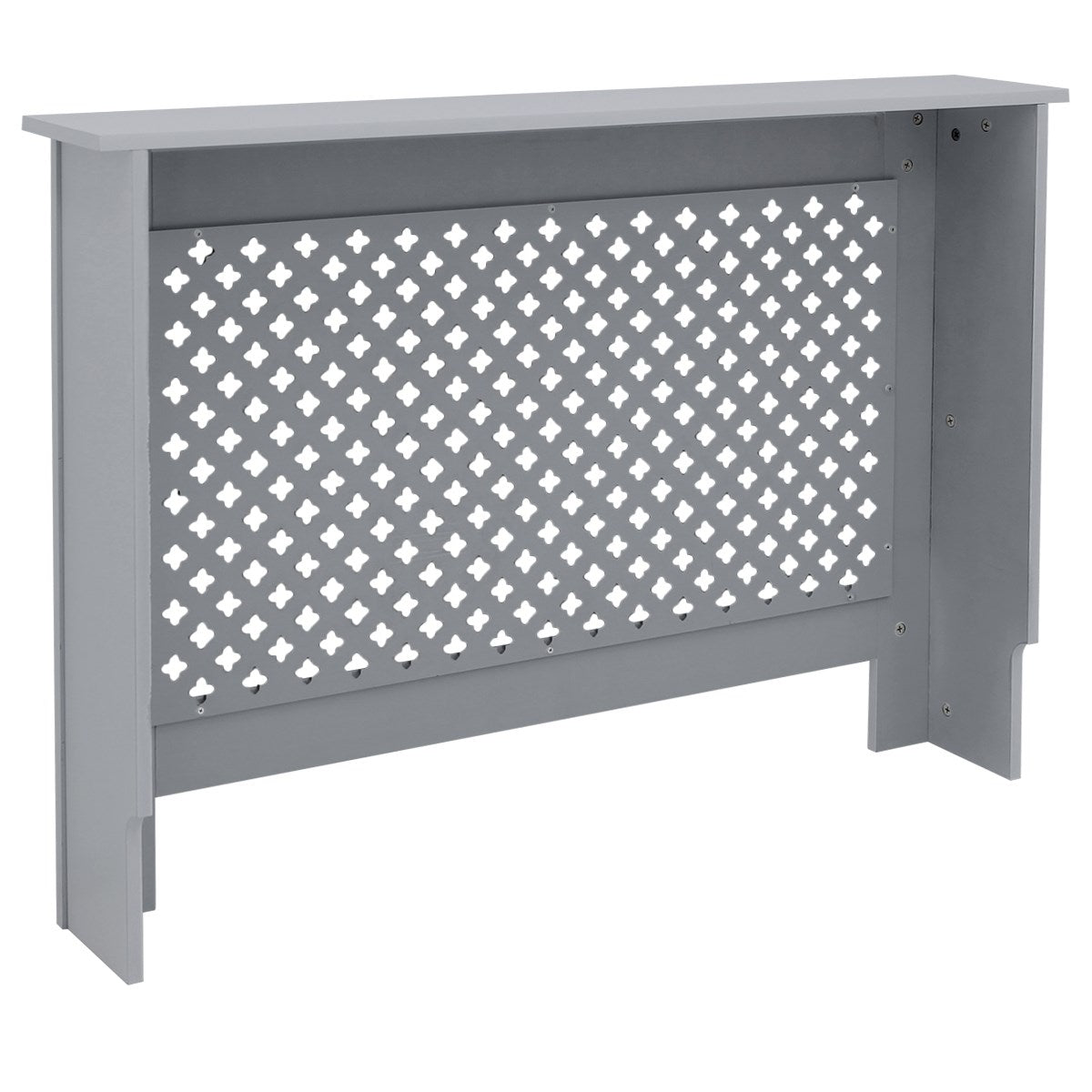 Gray radiator cover with a grid pattern, side view.