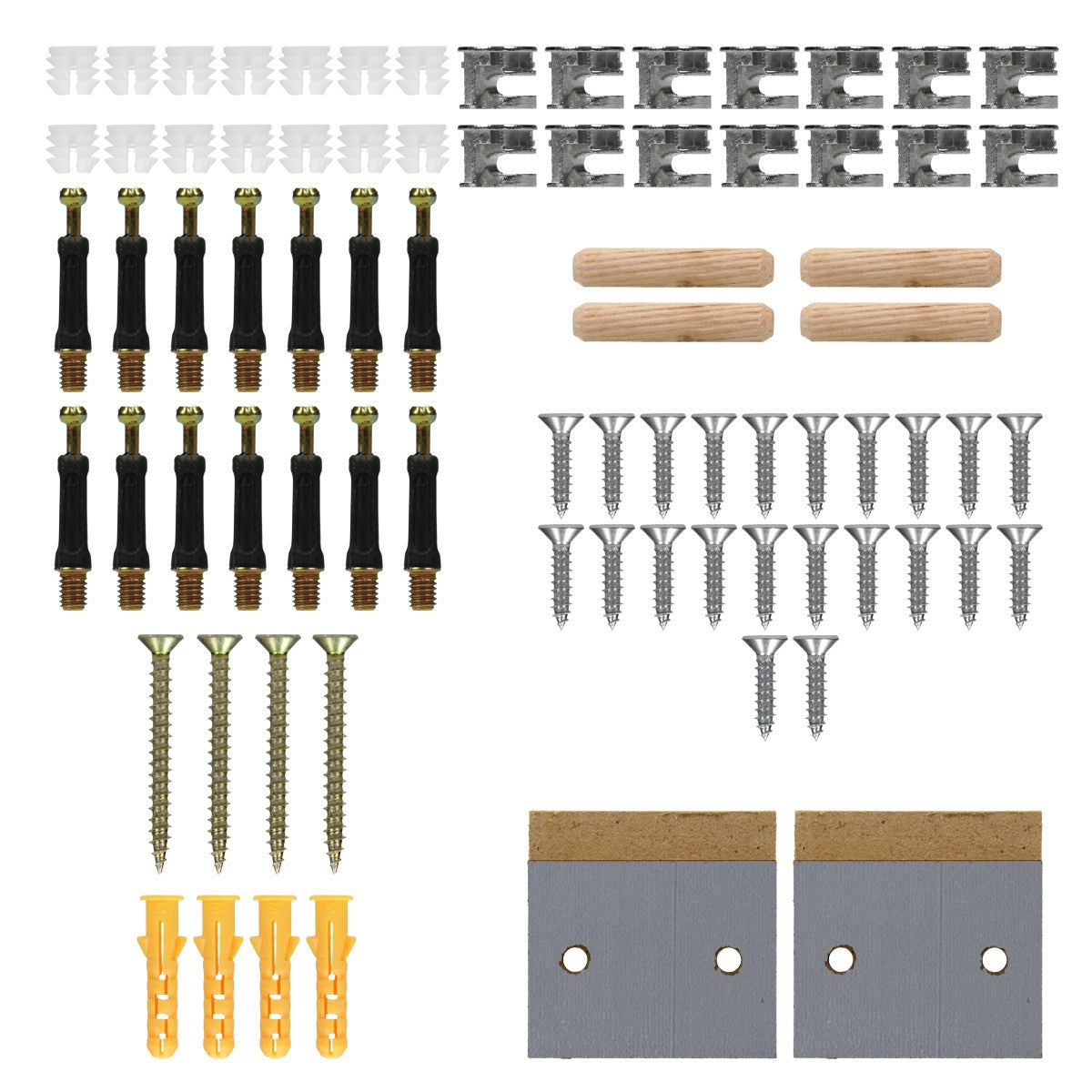 Various screws, wall plugs, and pieces of wood on a white background.