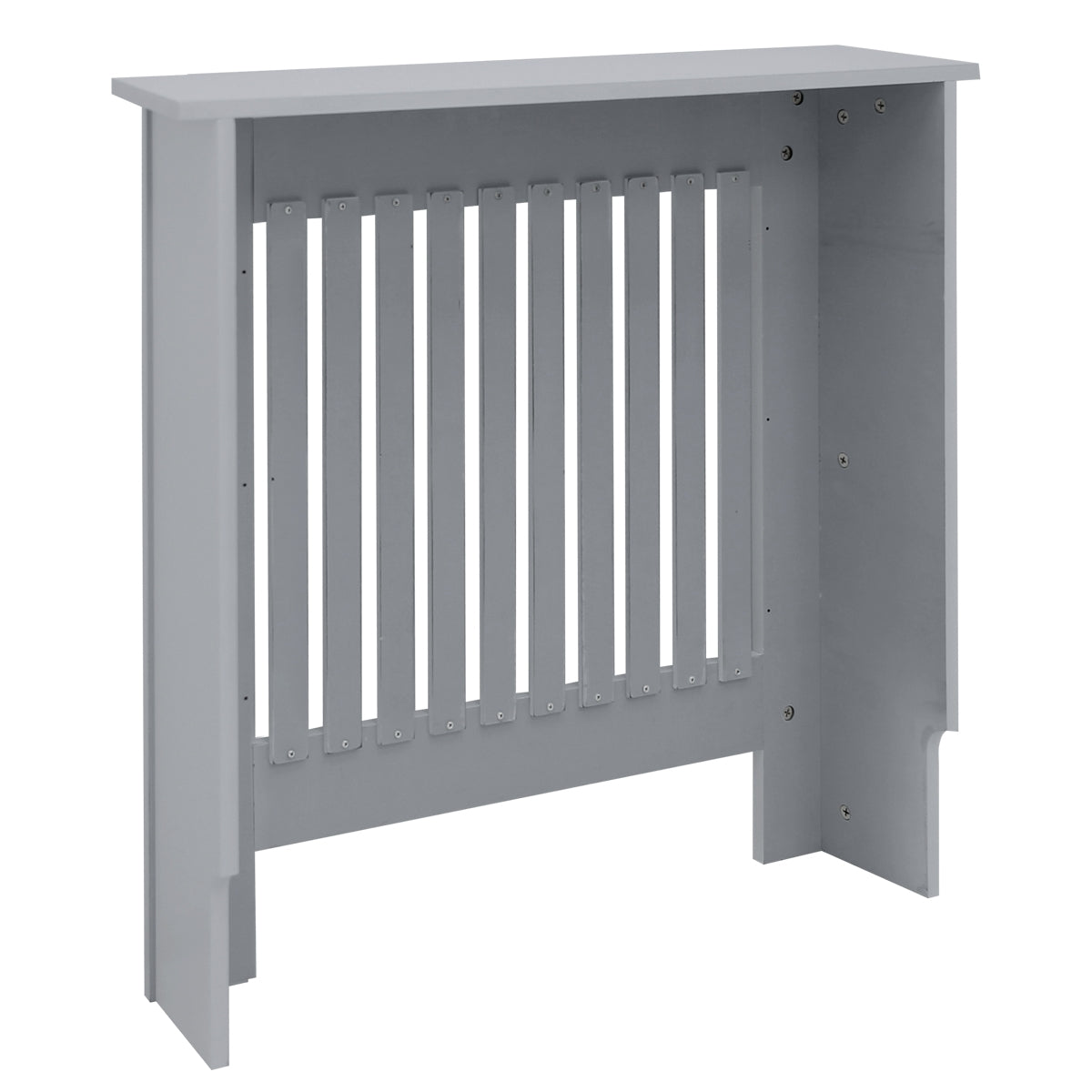 Radiador gris con lamas verticales y lados abiertos.