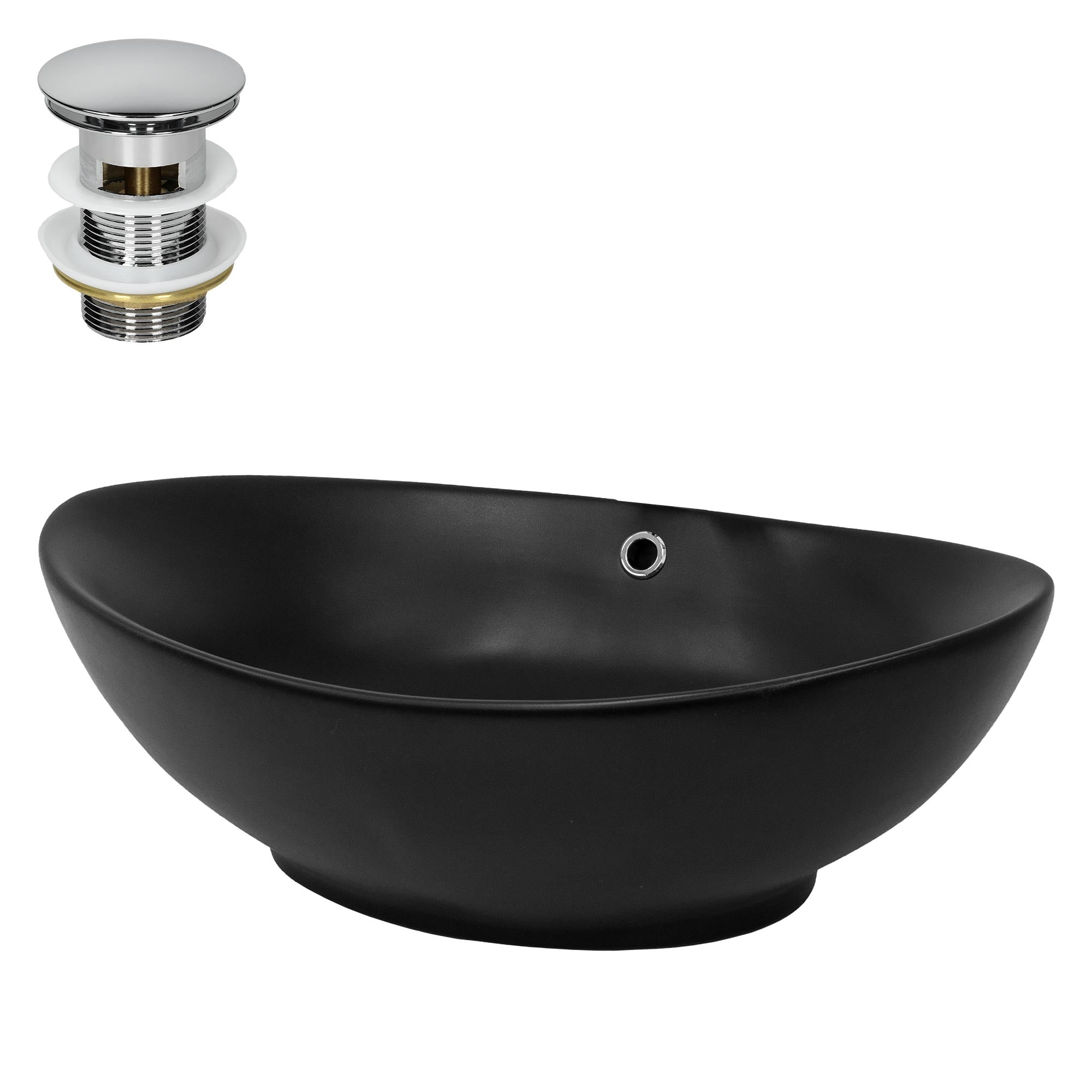 Schwarze, ovale Waschschüssel mit seitlichem Loch und Abfluss.