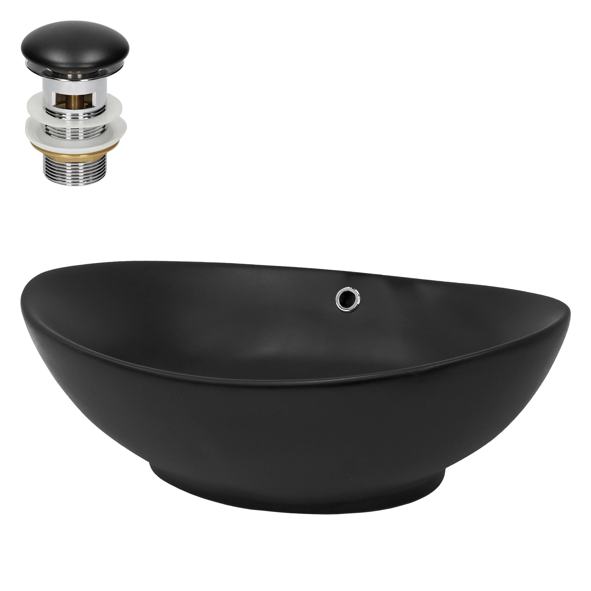 Schwarzes Waschbecken mit Ablaufventil, ovaler Form und einem Loch.