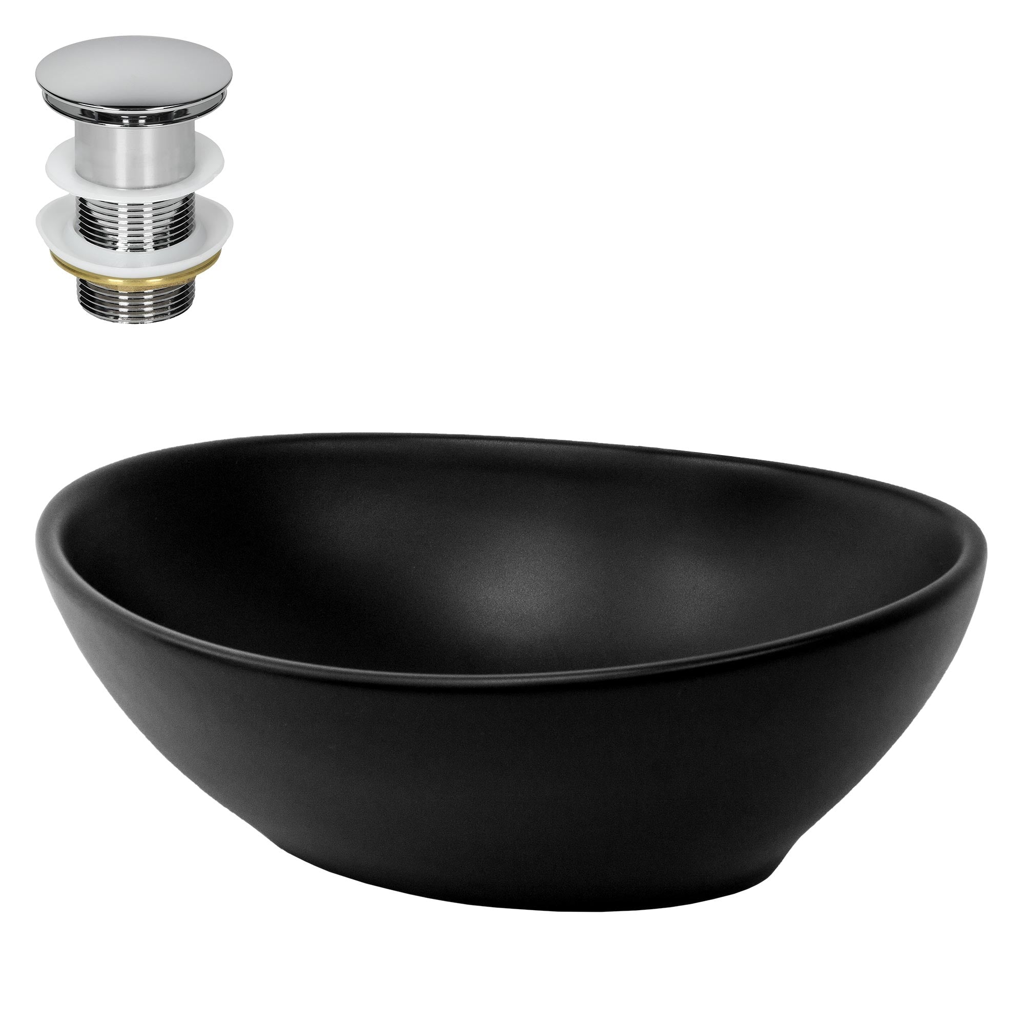 Sort vaskeskål med forkromet afløb ovenfor.