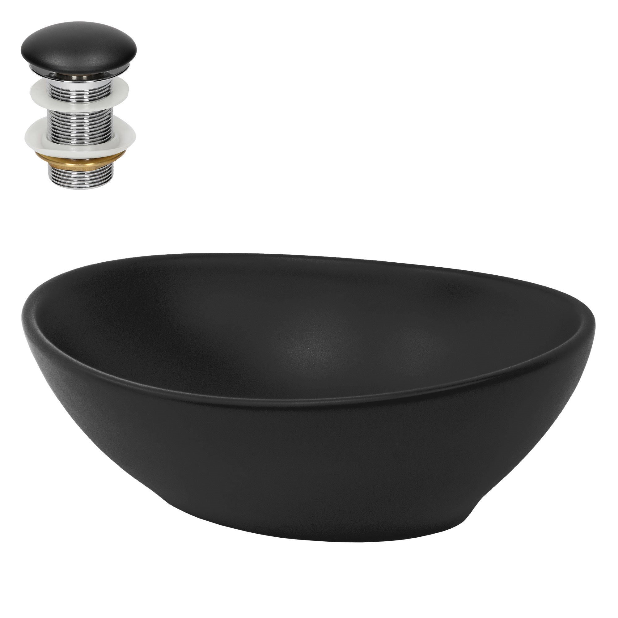 Schwarze, ovale Waschschüssel mit Abfluss-Set in verschiedenen Farben.