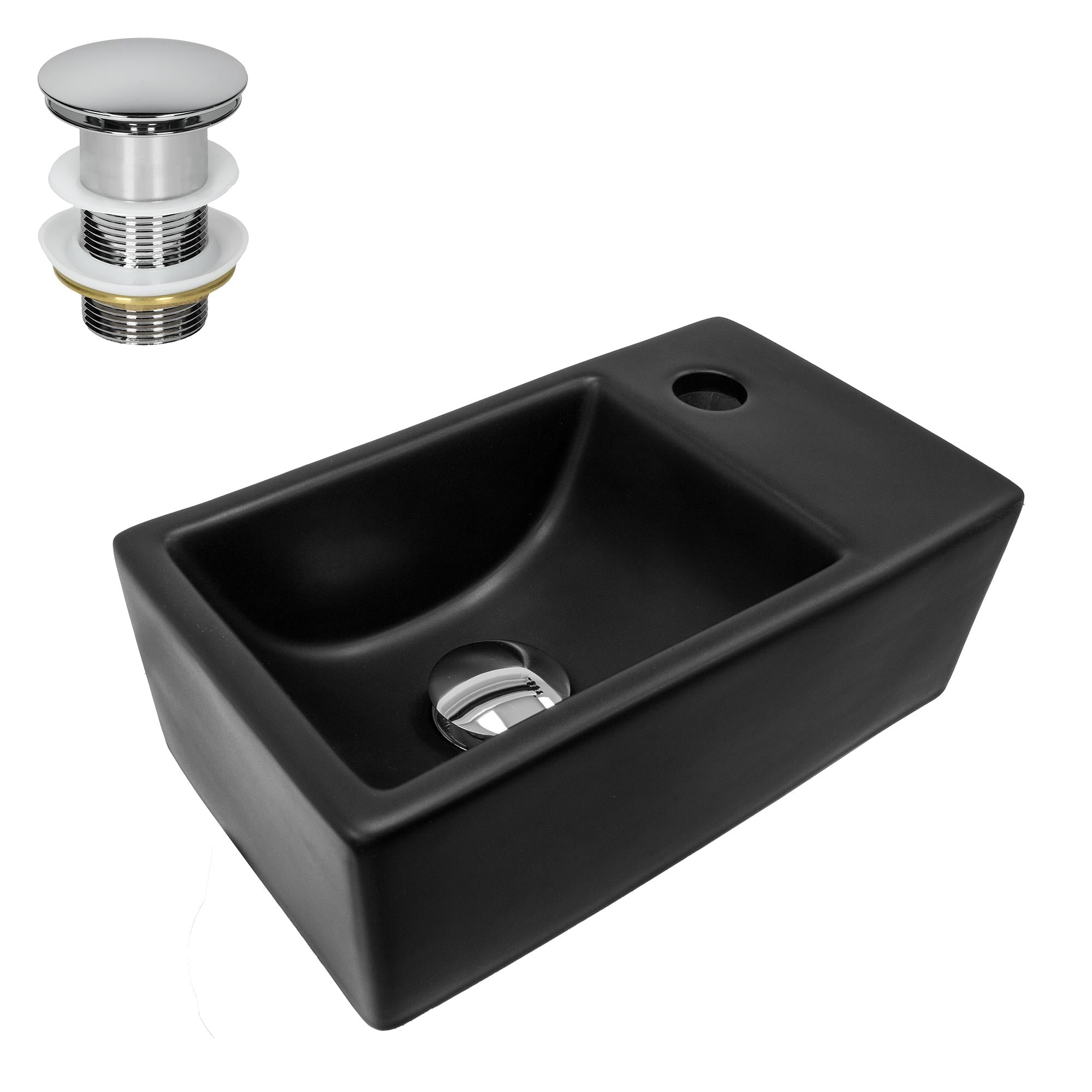 Schwarzes Waschbecken mit Abflussloch und Überlauf.