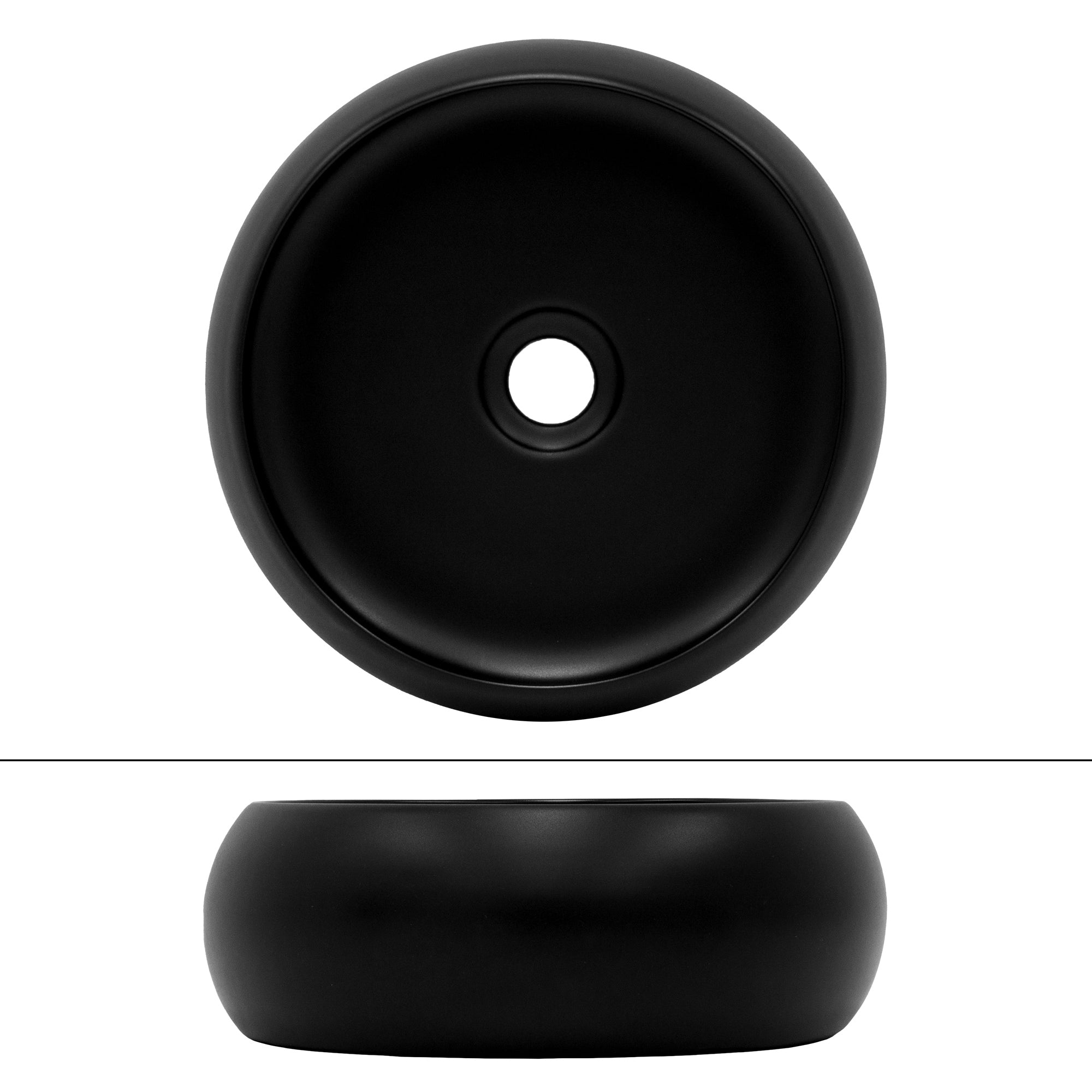 Schwarze, runde Waschschüssel von oben, mit mittigem Loch.