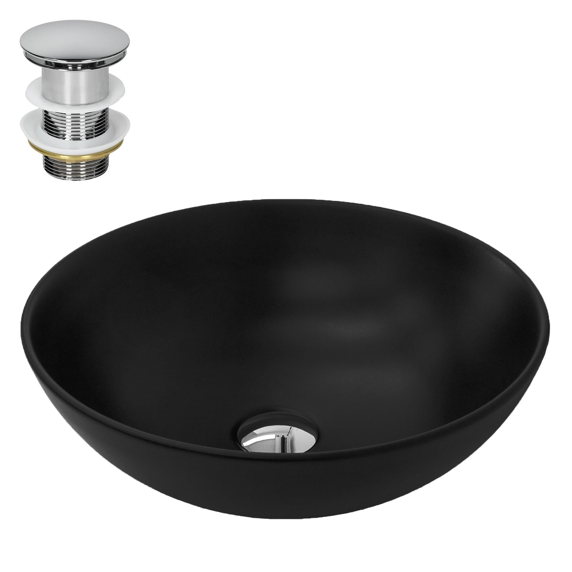 Lavabo redondo negro con desagüe y rebosadero.