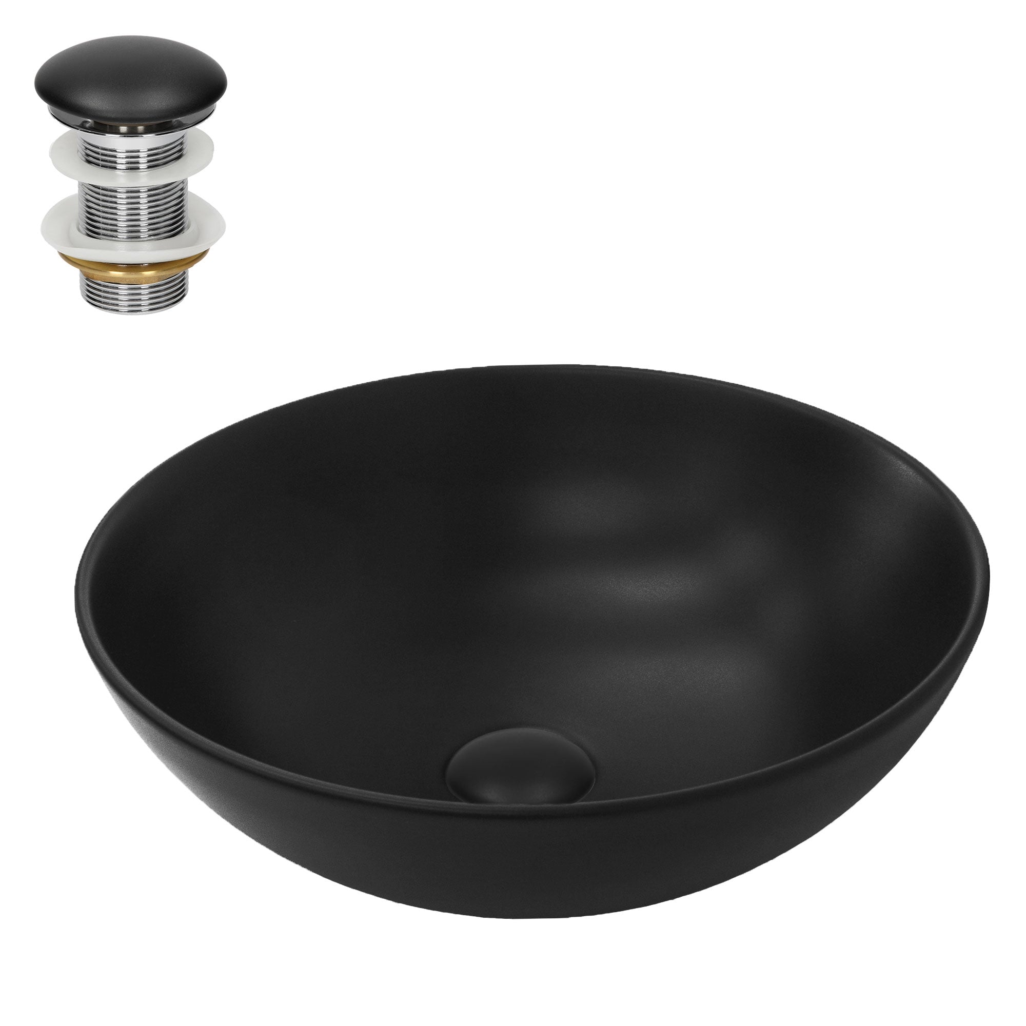 Cuenco de lavado negro y redondo con juego de desagüe en varios colores.