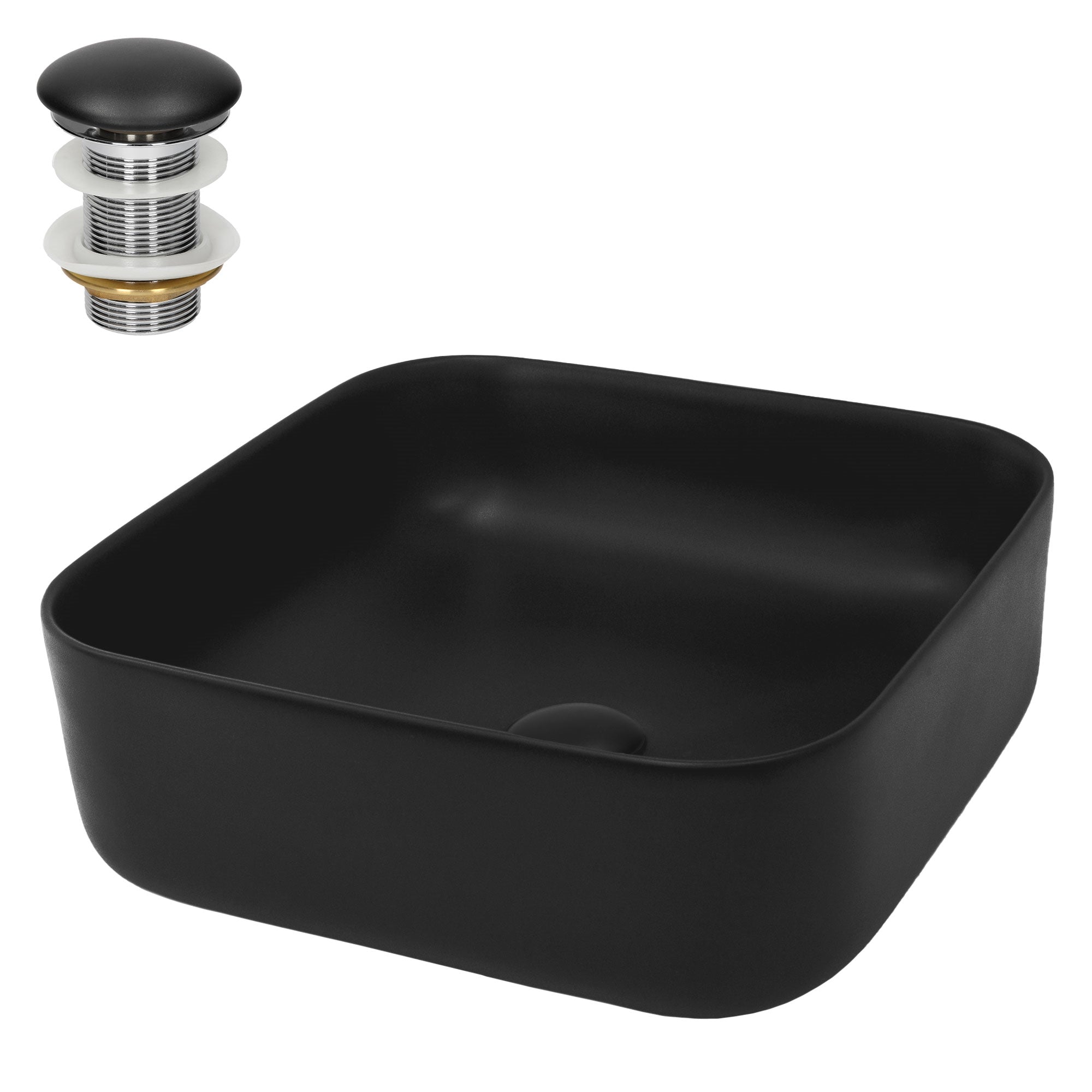 Black square washbasin on a light wooden background.