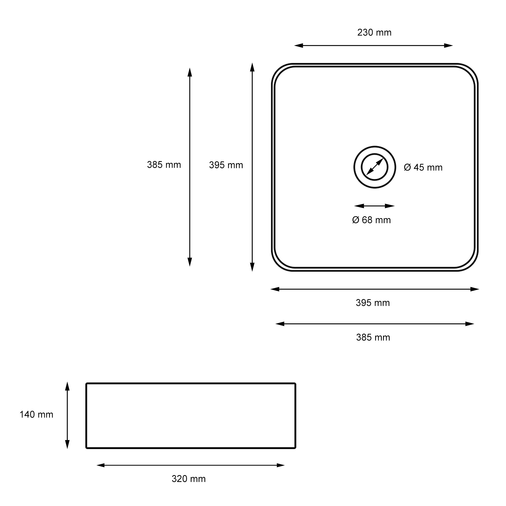 Technical drawing of a square washbasin with dimensions.