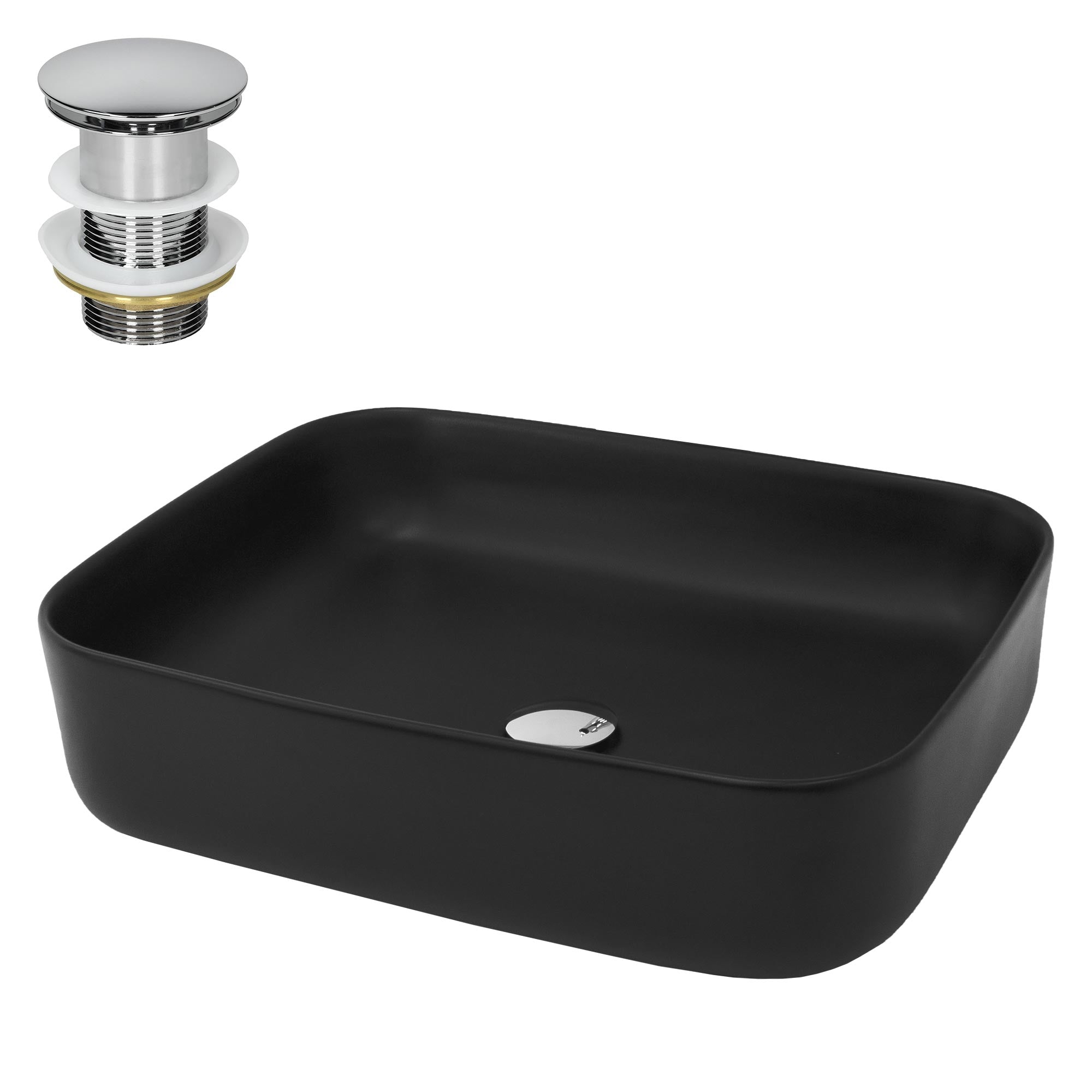 Schwarze, quadratische Waschschüssel mit Abfluss und Wasserhahn.