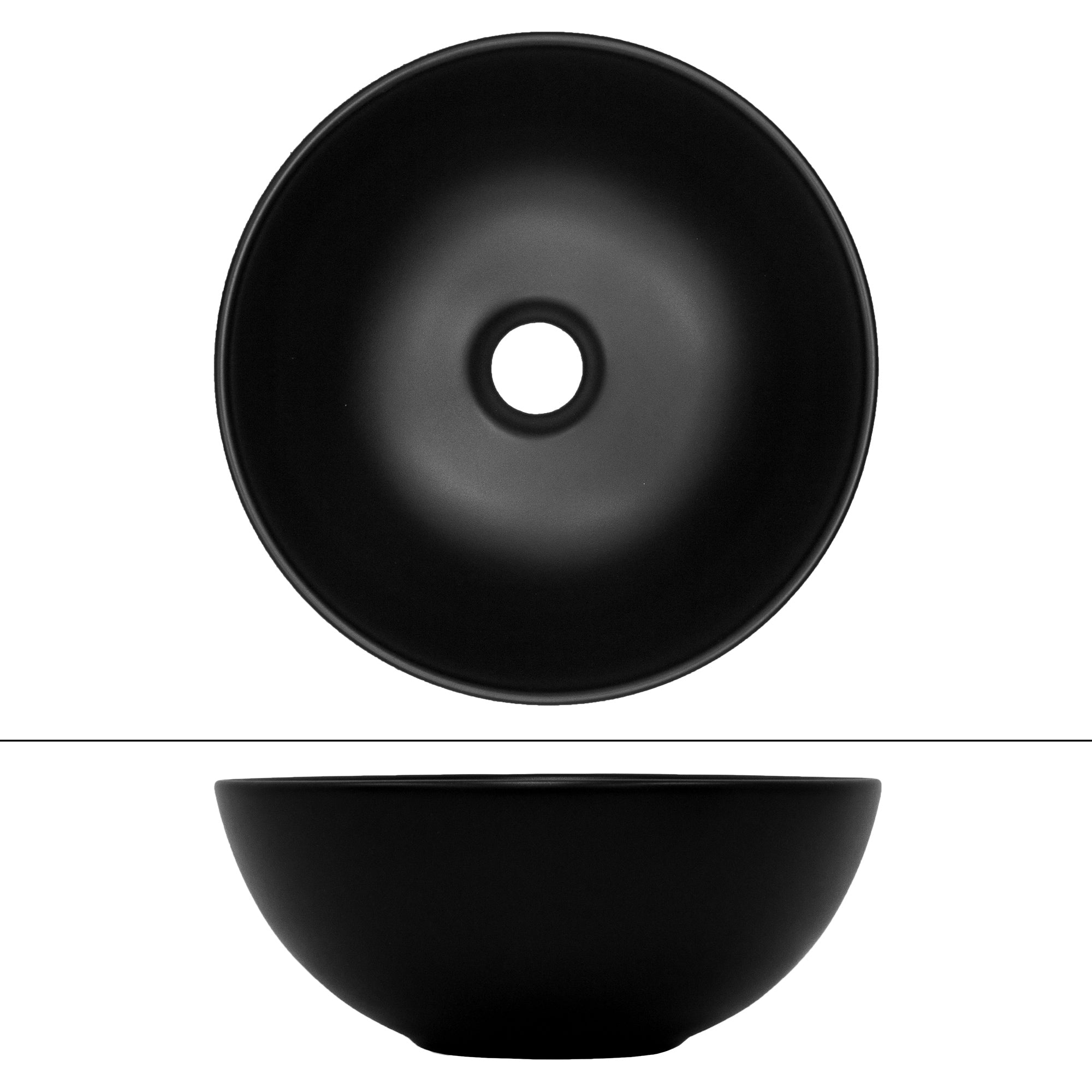 Schwarze, runde Schüssel mit einem Loch in der Mitte.
