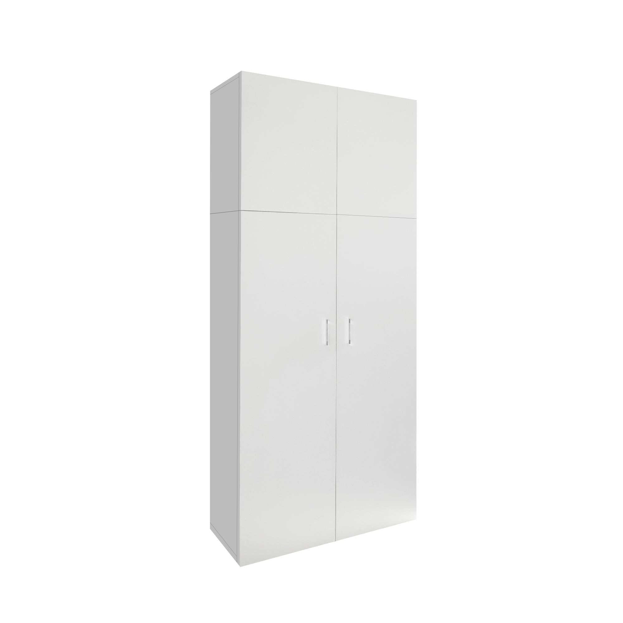 Hoher, schmaler, weißer Schrank mit zwei Türen und zwei Fächern.