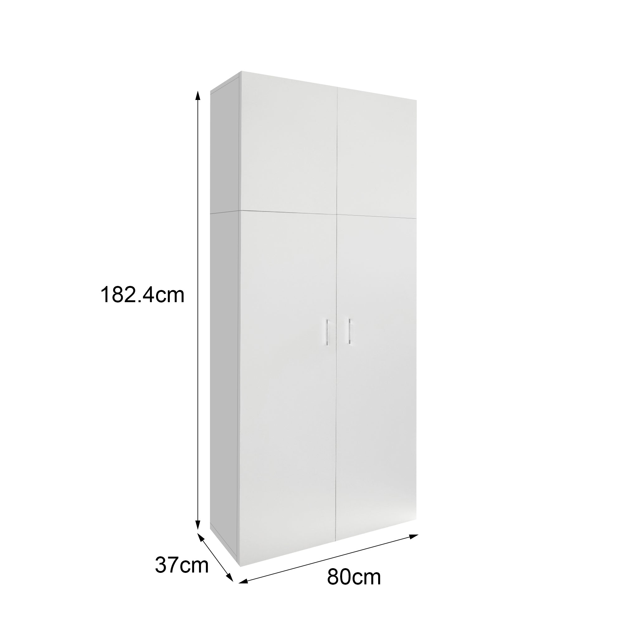 Hoher, weißer Schrank mit zwei Türen und Maßen auf einem weißen Hintergrund.