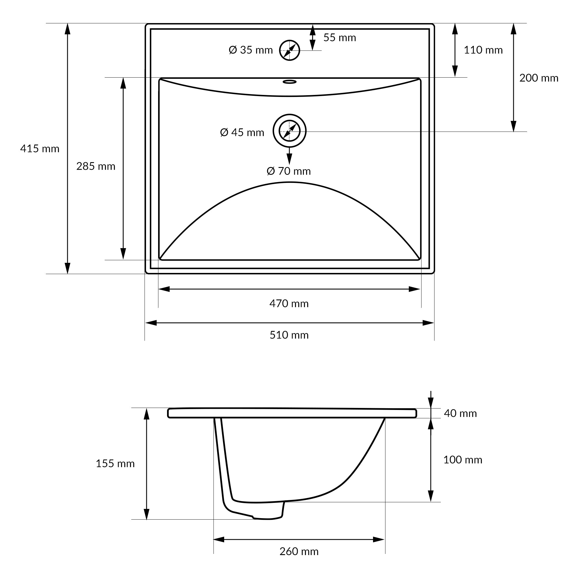 Technical drawing of a sink with measurements.
