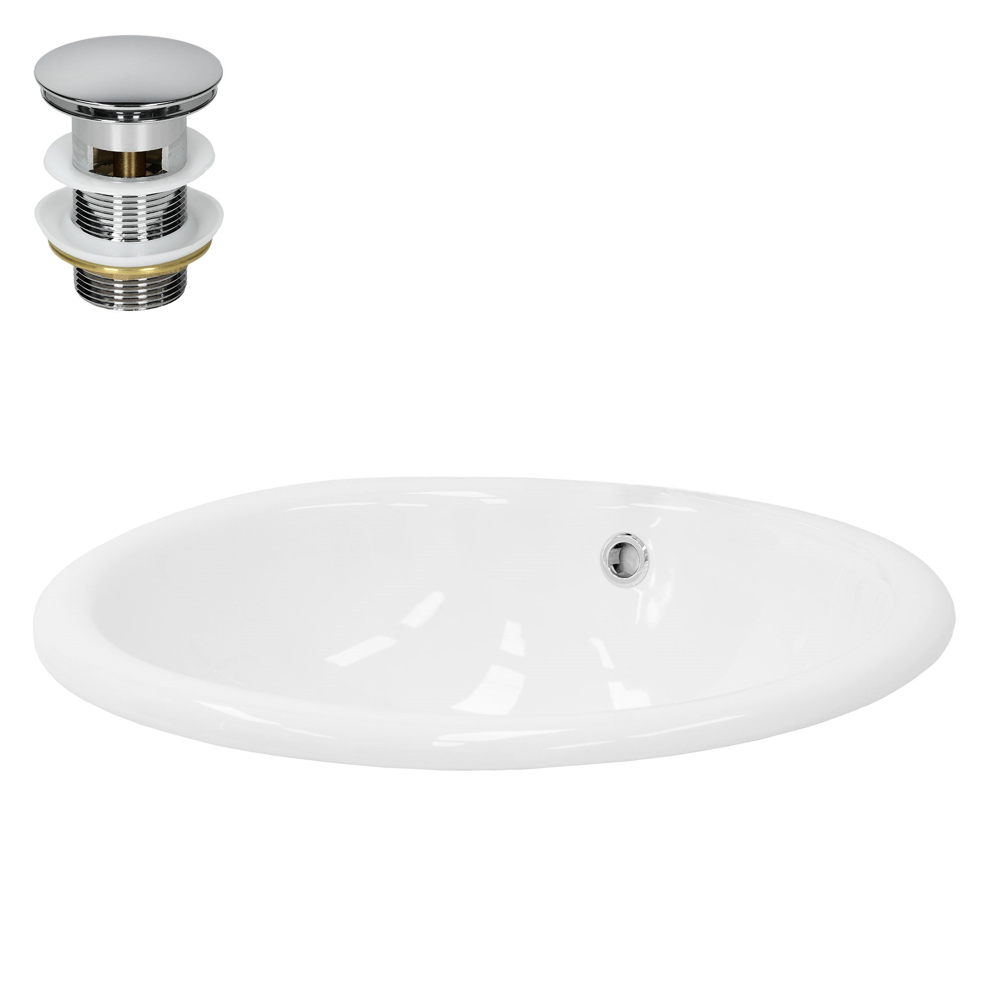 Weiße Badewanne mit Abfluss und verchromtem Ablaufventil.