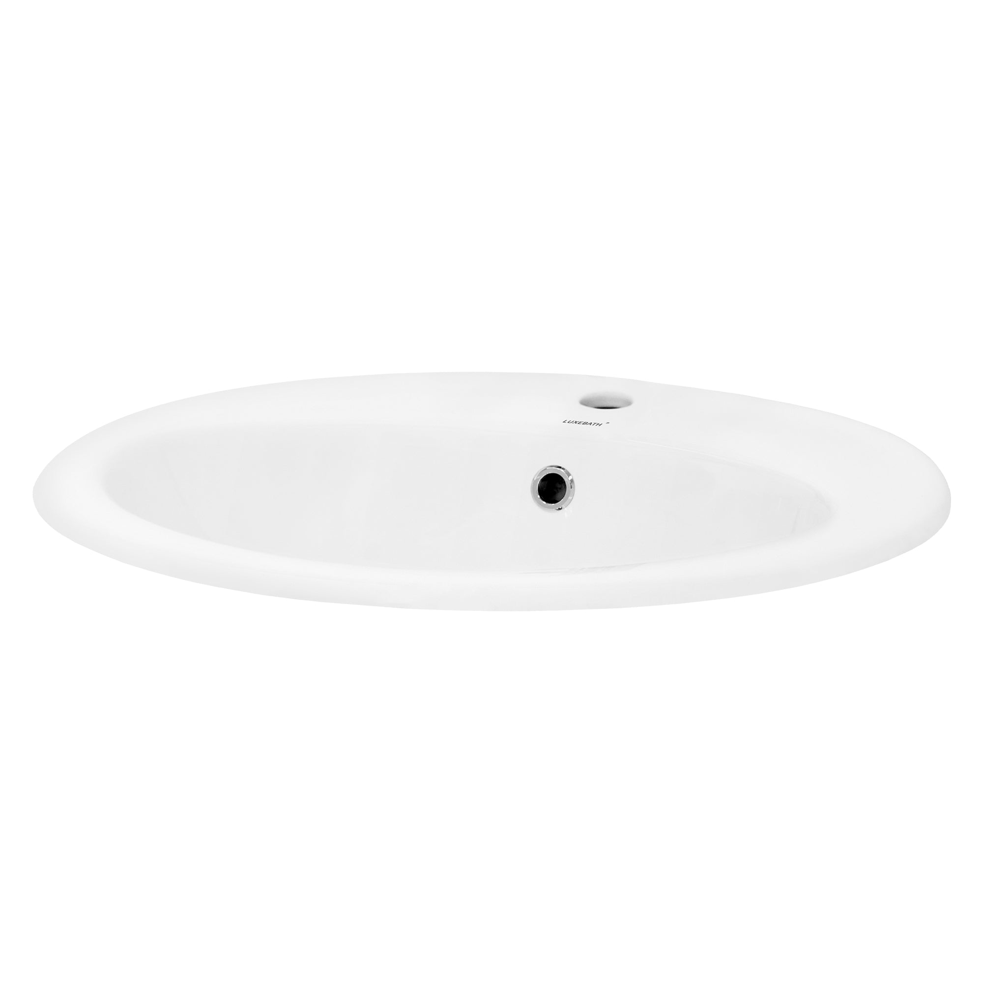 Runde, weiße Badewanne mit Abflussöffnung.