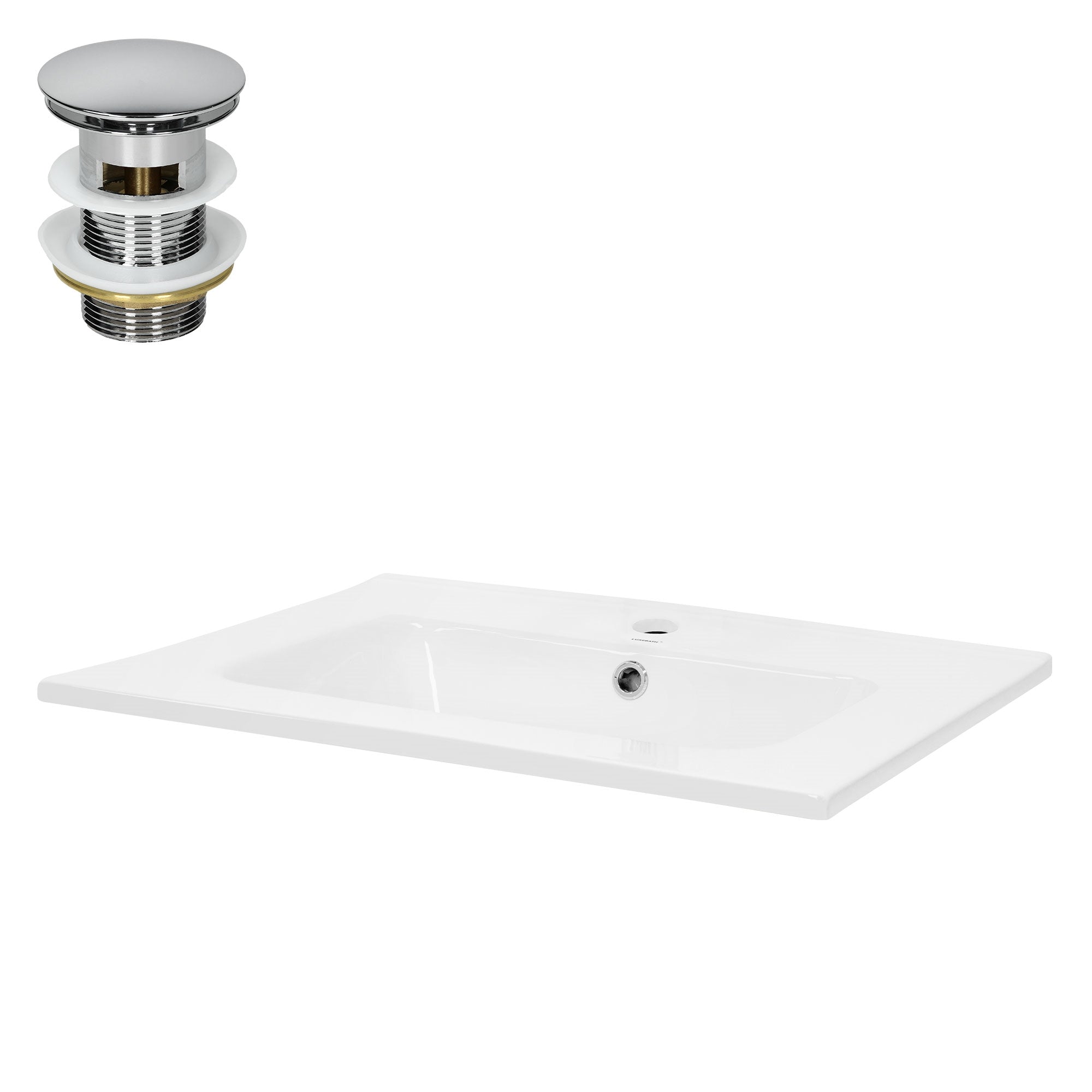 Wit wastafel met verchroomde afvoer en deksel.