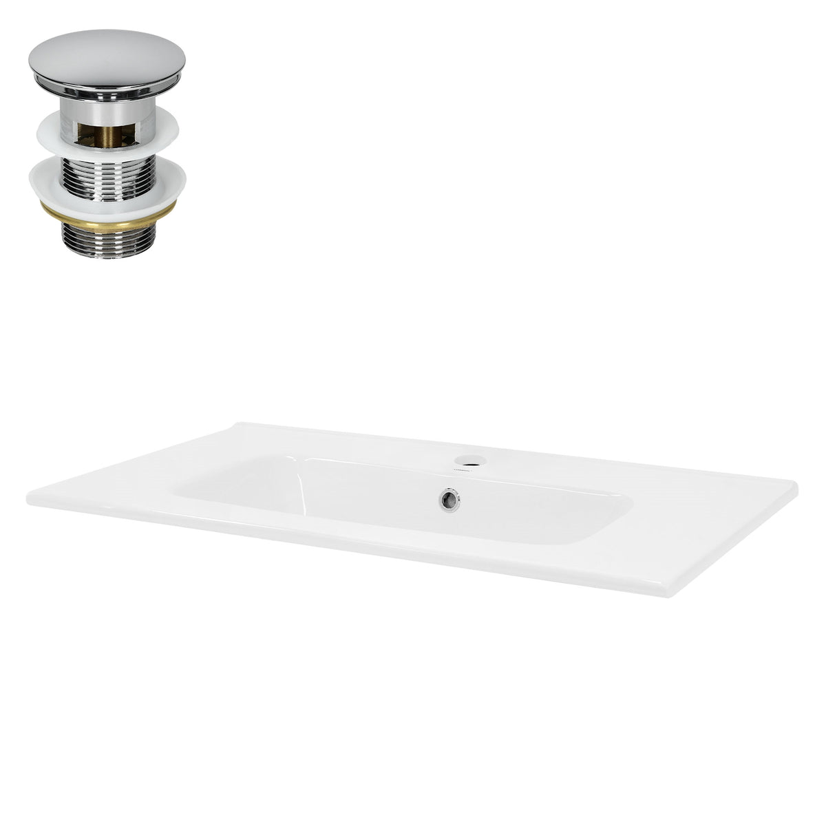 Lavabo blanco con desagüe y tapa de desagüe en la imagen.