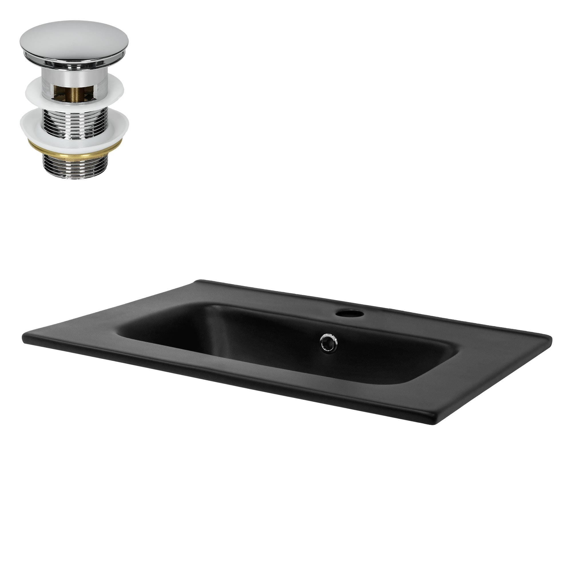 Schwarzes Waschbecken mit Ablaufgarnitur und Wasserhahn.