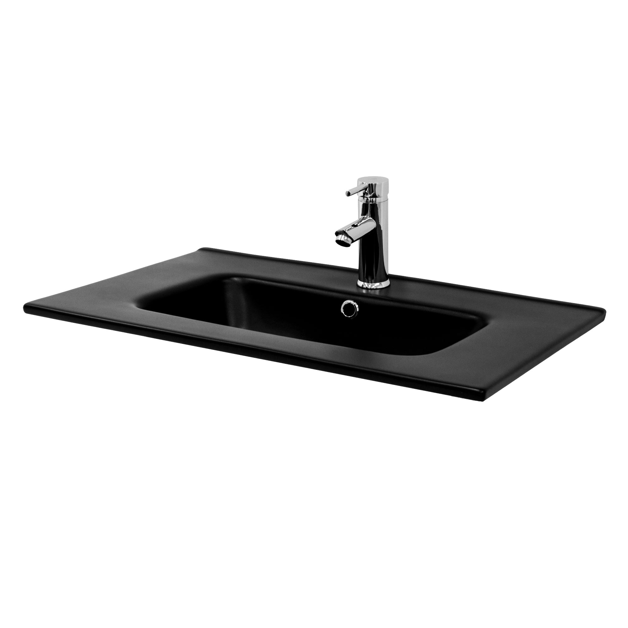Schwarzes Waschbecken mit Wasserhahn auf einer rechteckigen Ablage.