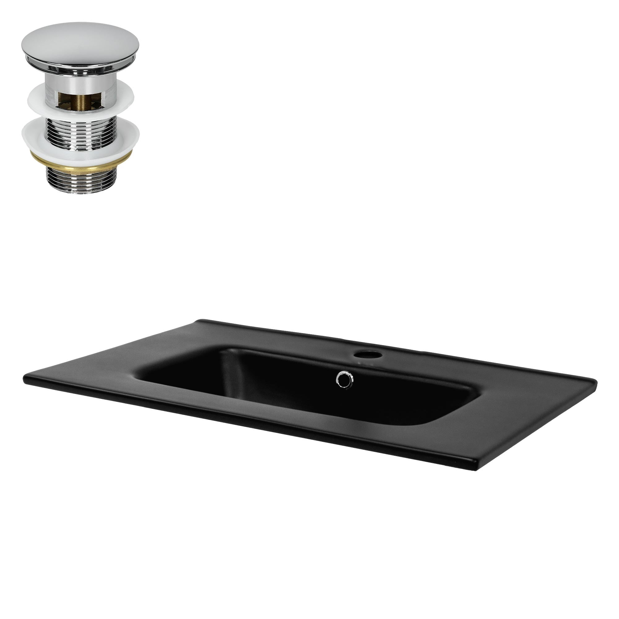 Black sink with drain and overflow.