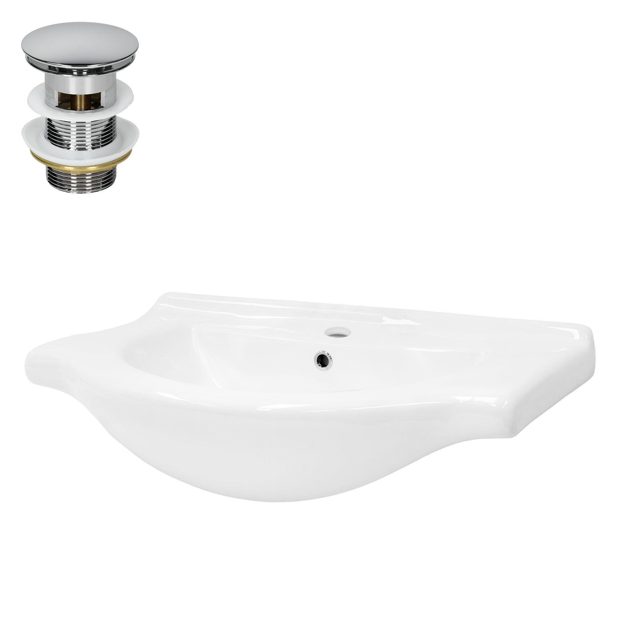 Lavabo blanco con desagüe y rebosadero, sobre un fondo blanco.