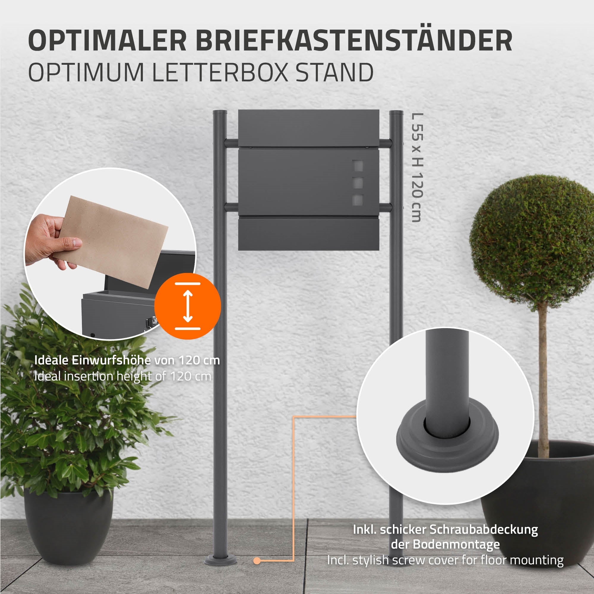 Supporto per cassetta postale con busta, altezza 120 cm, inclusa copertura per viti.