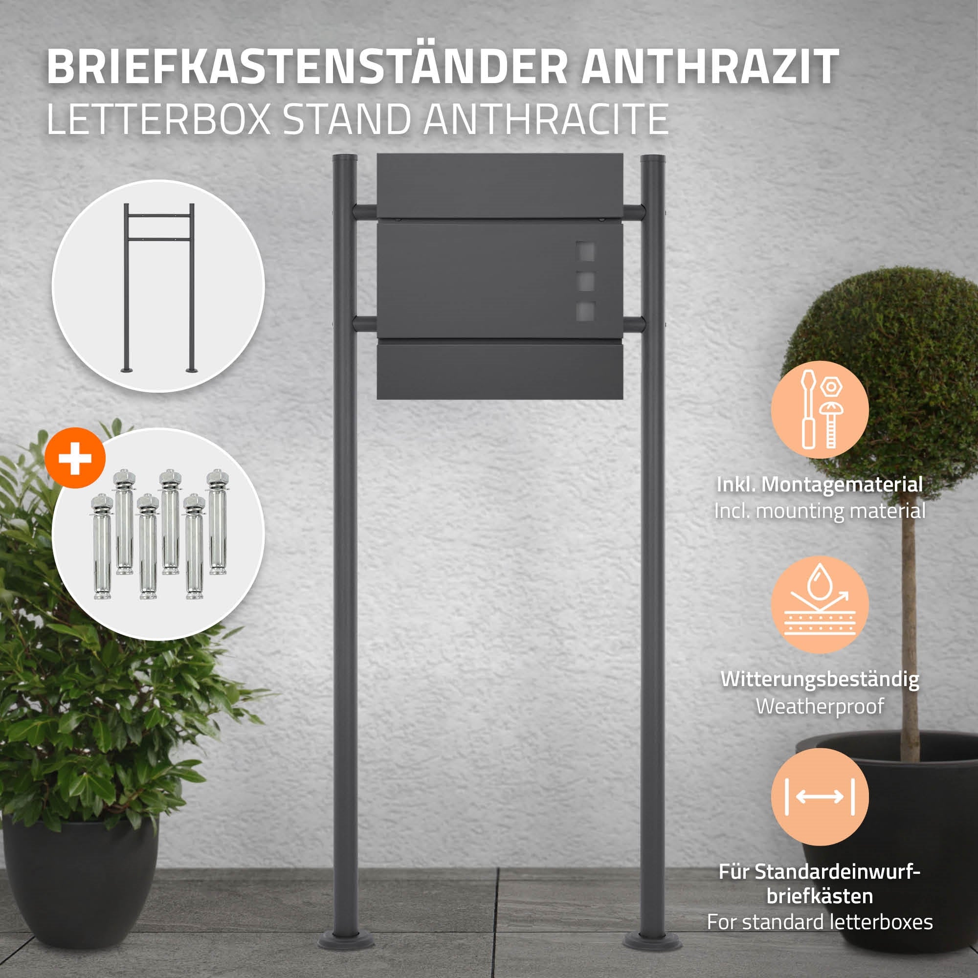 Supporto per cassetta postale in antracite con accessori di montaggio e design resistente alle intemperie.