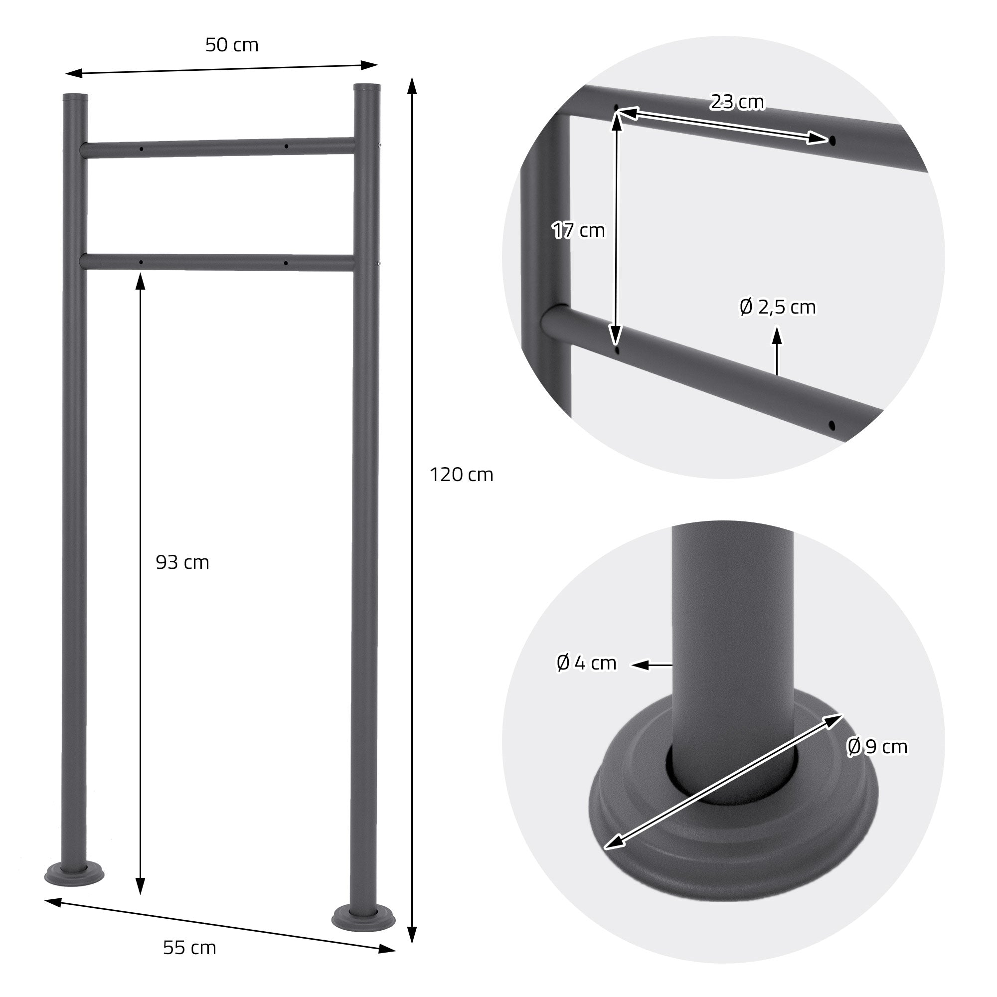 Måltegning af en grå stander med dimensioner og diametre.