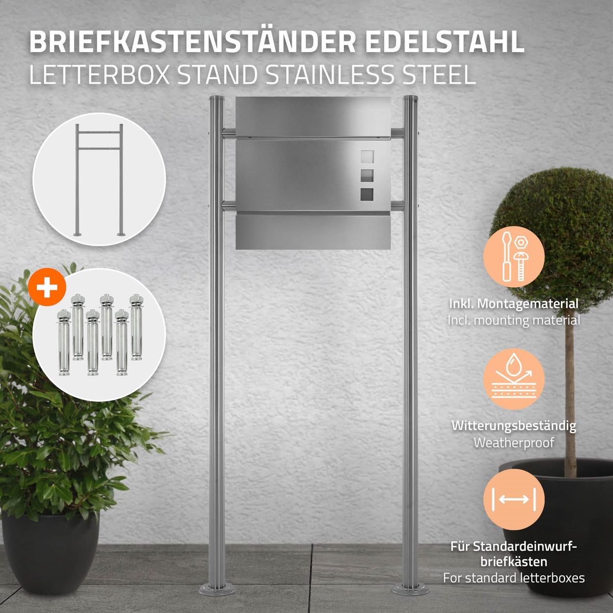 Rustfrit stål postkassestander med monteringsudstyr på lys baggrund.