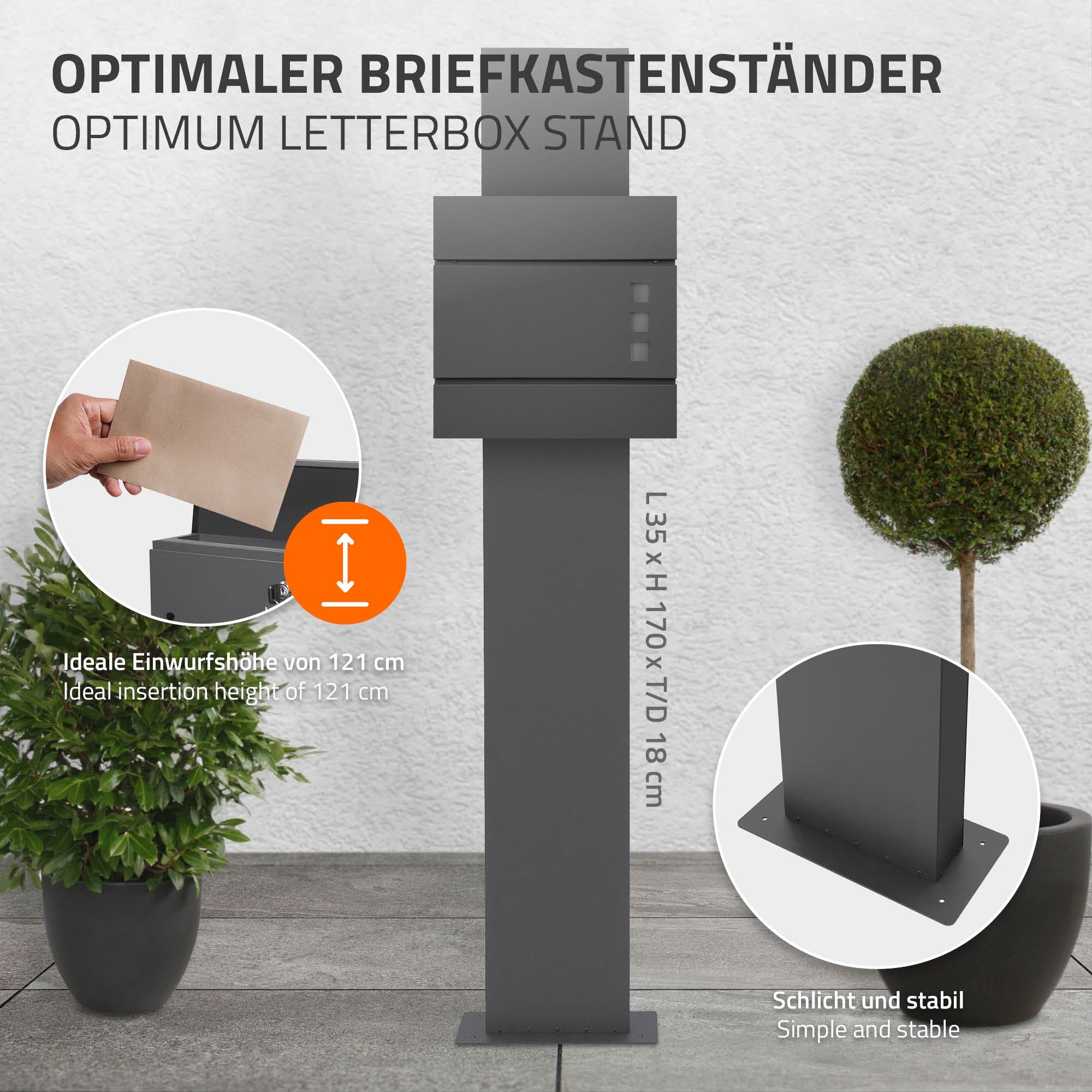 Briefkastenständer mit einem Brief in der Hand, Maße angegeben.