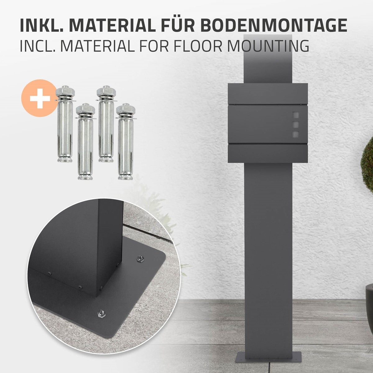 Paketkasten mit Bodenmontagematerial und einer stabilen Basis.