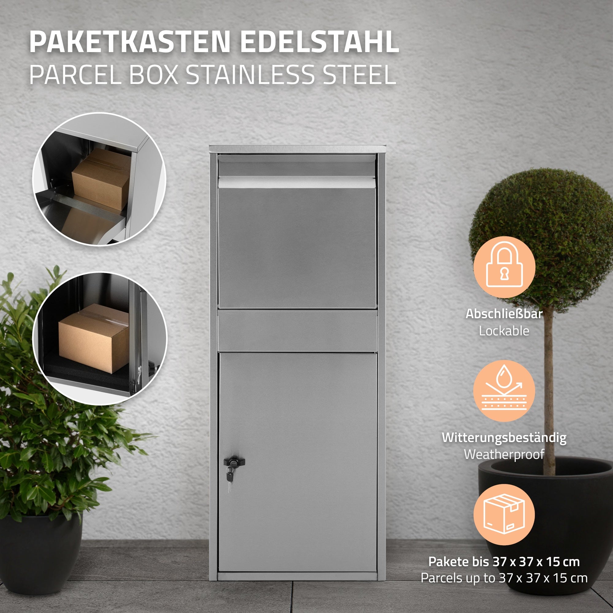 Edelstahl-Paketkasten mit einem verschlossenen Fach und einem Paket im Inneren.
