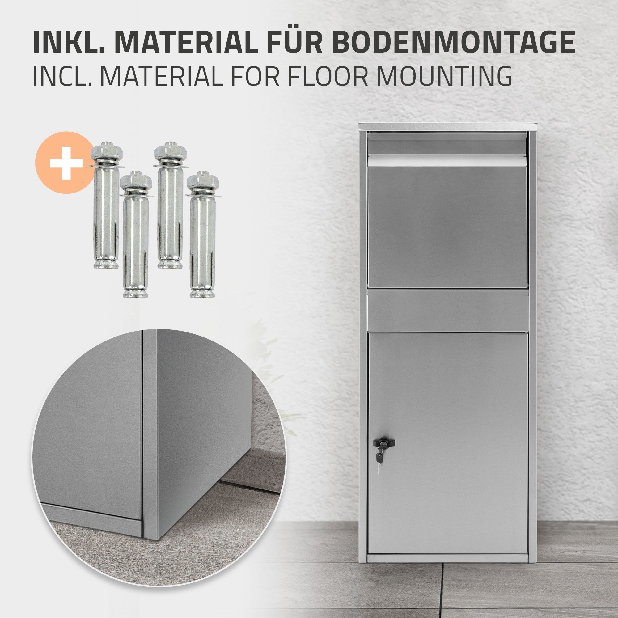 Eisenbriefkasten mit Montagematerial für Bodenmontage, auf grauem Hintergrund.