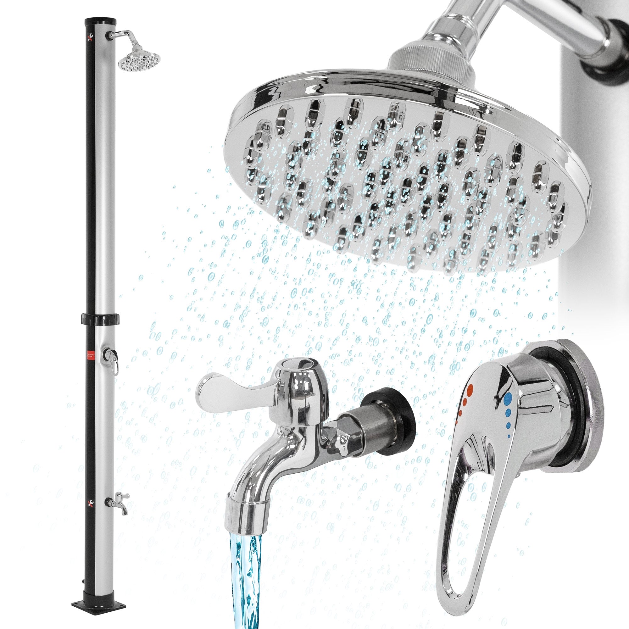 Duschsäule mit Regendusche und Wasserhahn, Wasser spritzt heraus.