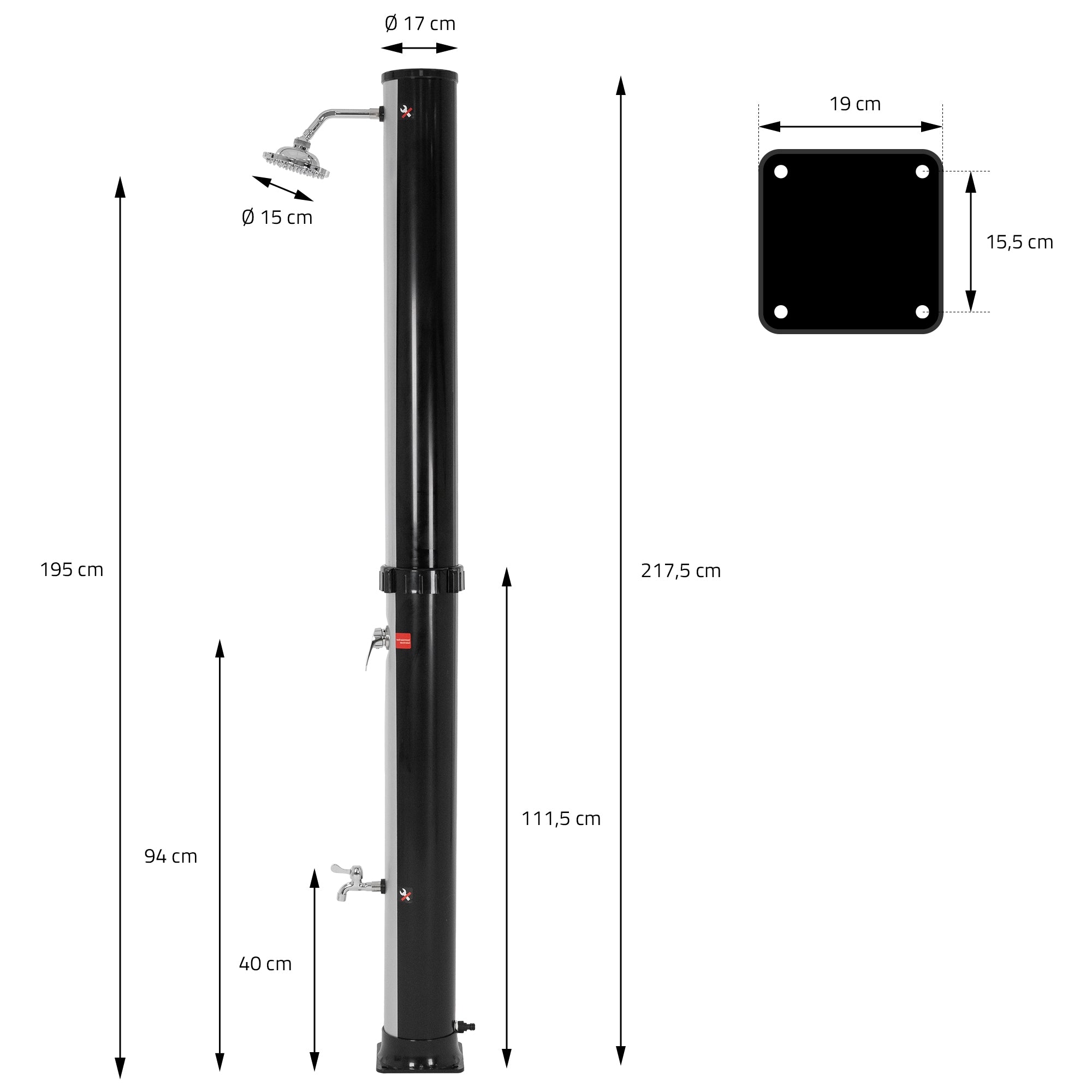 Ein schwarzer Duschsäule mit verschiedenen Anschlüssen.