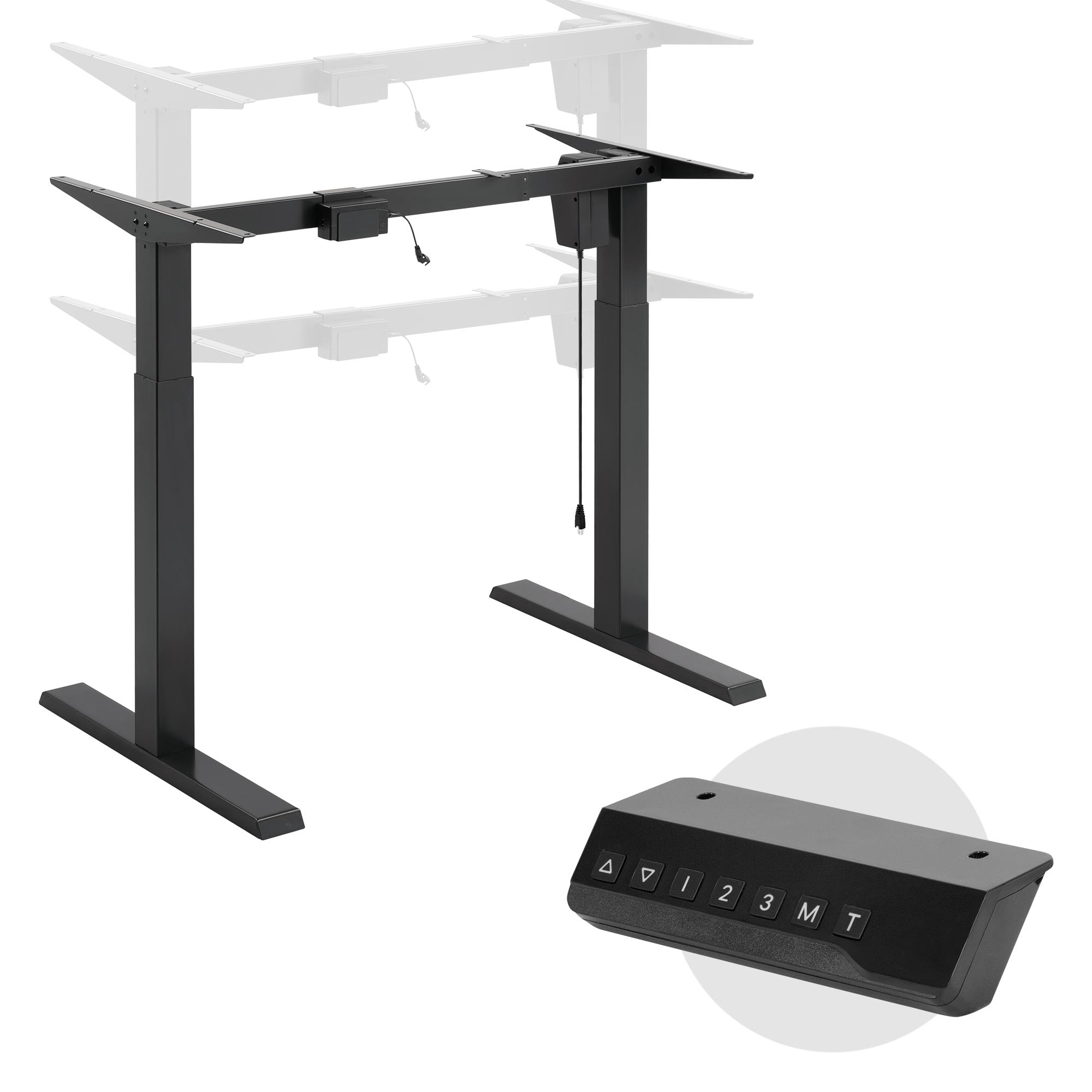 Höhenverstellbarer Schreibtisch in Schwarz mit Bedienelement und Kabel.