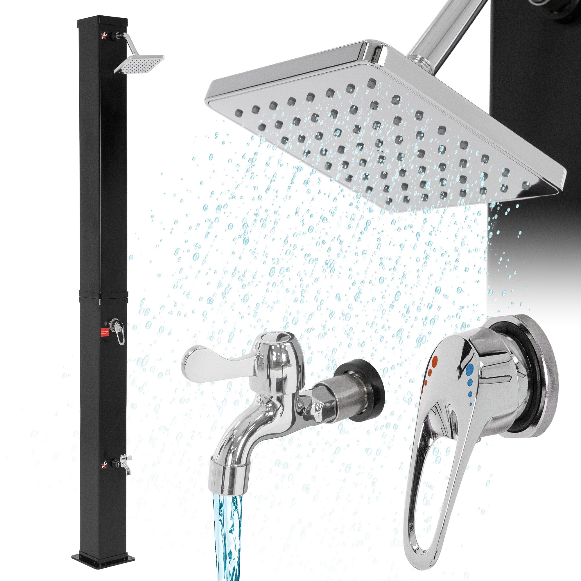 Schwarzes Duschsystem mit Regendusche und Wasserhahn.