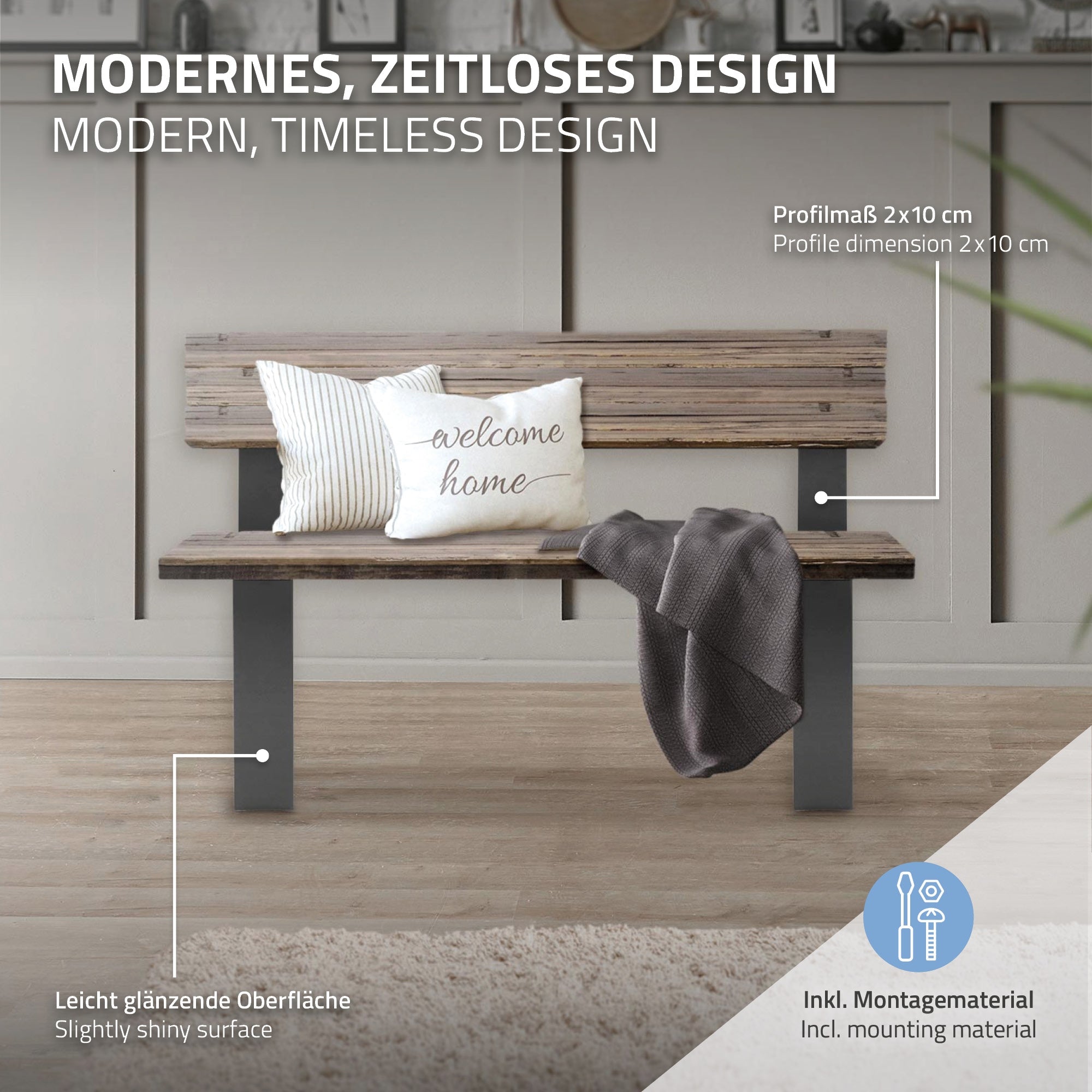 Banc en bois avec coussin et couverture, design moderne, surface légèrement brillante.
