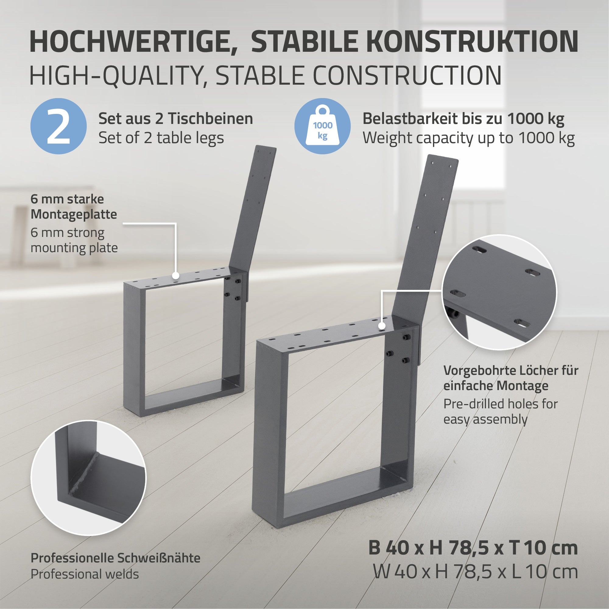Grafik mit stabiler Konstruktion und Montageanleitung für Tischbeine.