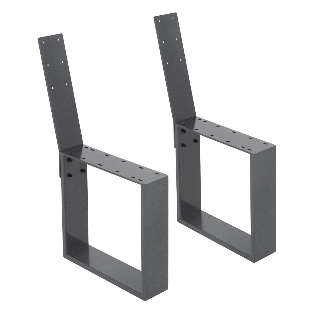 Zwei schwarze Metallhalterungen mit Löchern zur Befestigung.