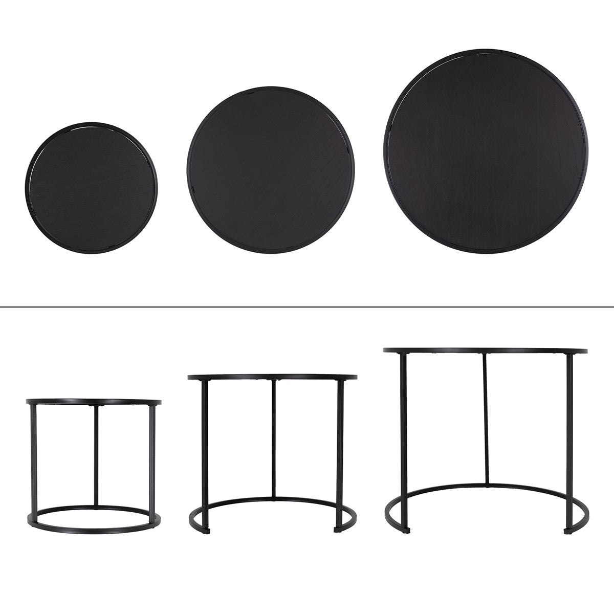 Trois tables noires de différentes tailles, disposées côte à côte.