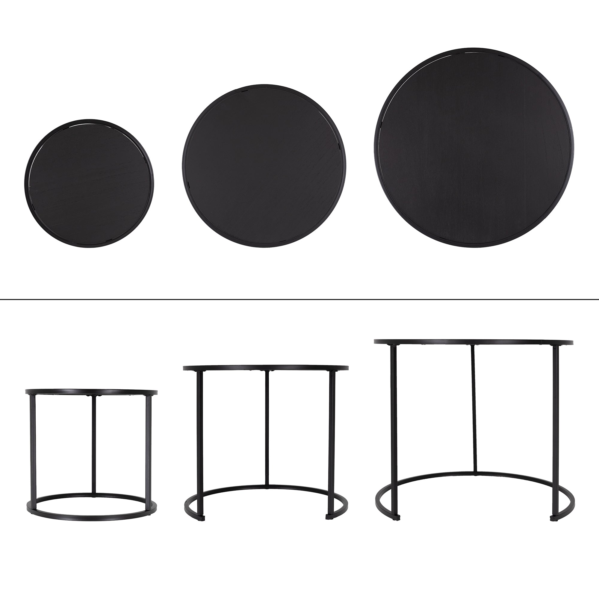 Trois tables noires de tailles différentes, disposées côte à côte.