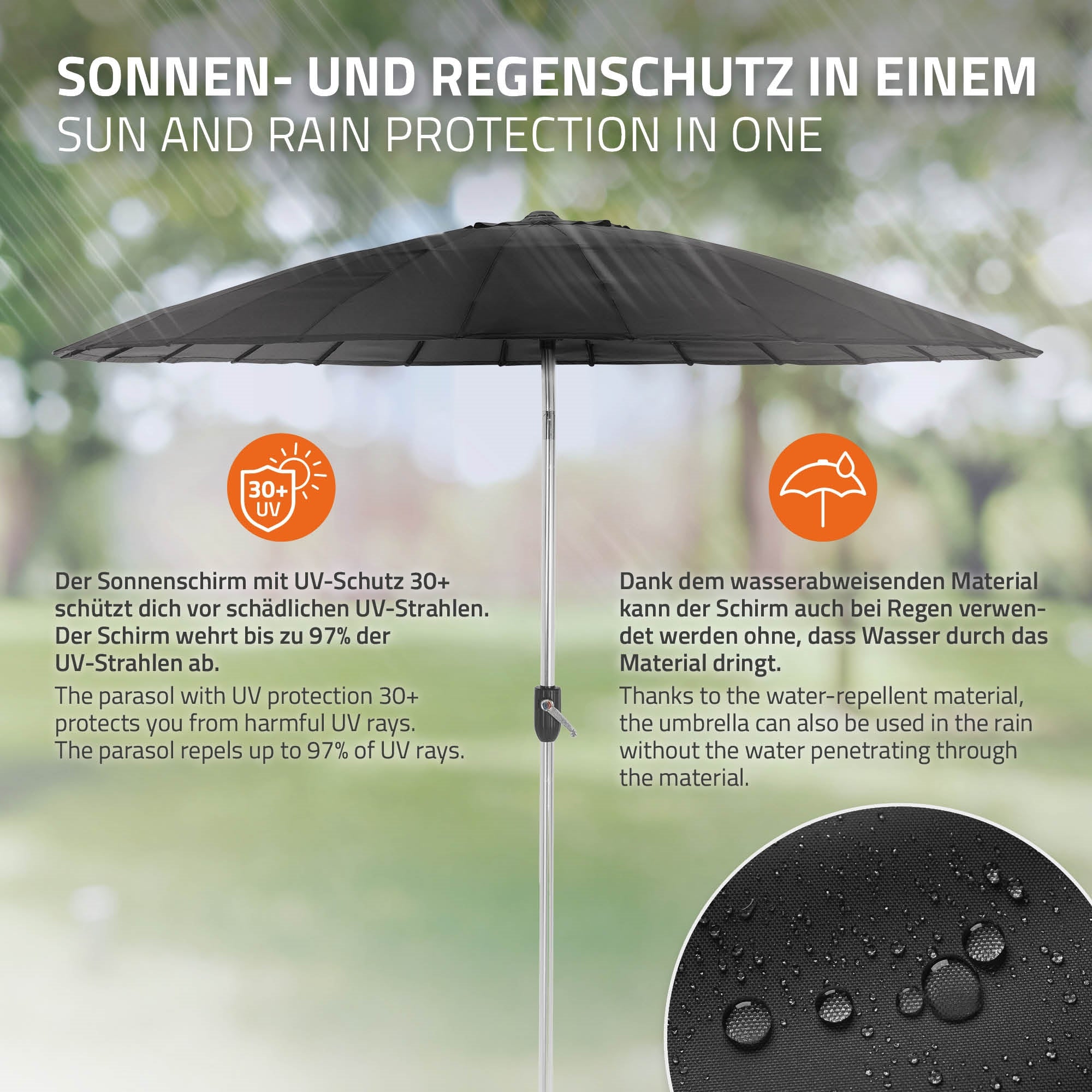 Ombrello con protezione UV, su un supporto, all'aperto con materiale idrorepellente.