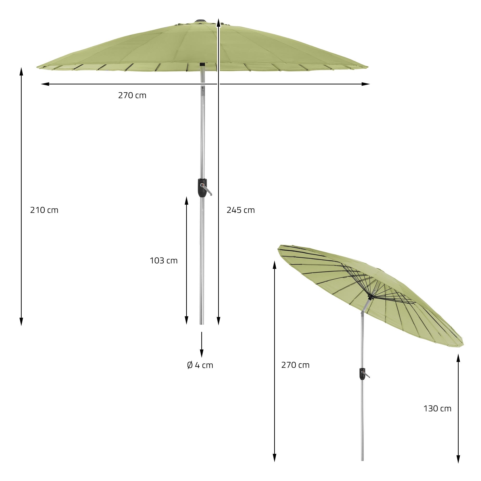 Dessin technique d'un parasol avec des dimensions.